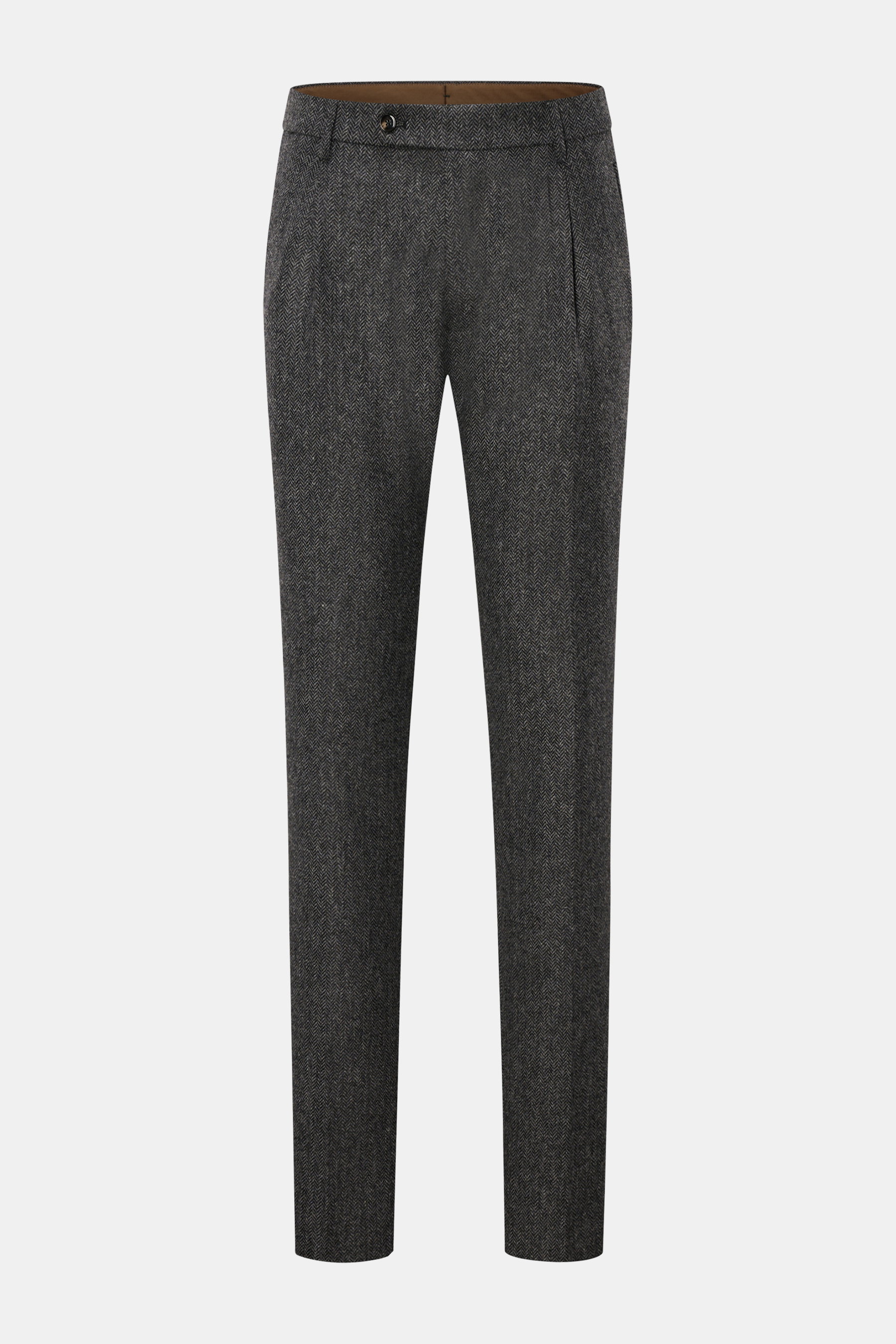 Berwich Wollhose 'Retro Long' schwarz/grau gemustert, Slim Fit, Fischgratmuster, reine Wolle, schmal zulaufend, Frontansicht.