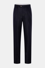 Brunello Cucinelli Wollhose navy, frontale Ansicht, Regular Fit, reine Wolle, weicher Griff, Bundknopf, Reißverschluss, doppelte Bundfalte, französische Taschen, Leistentaschen am Gesäß.