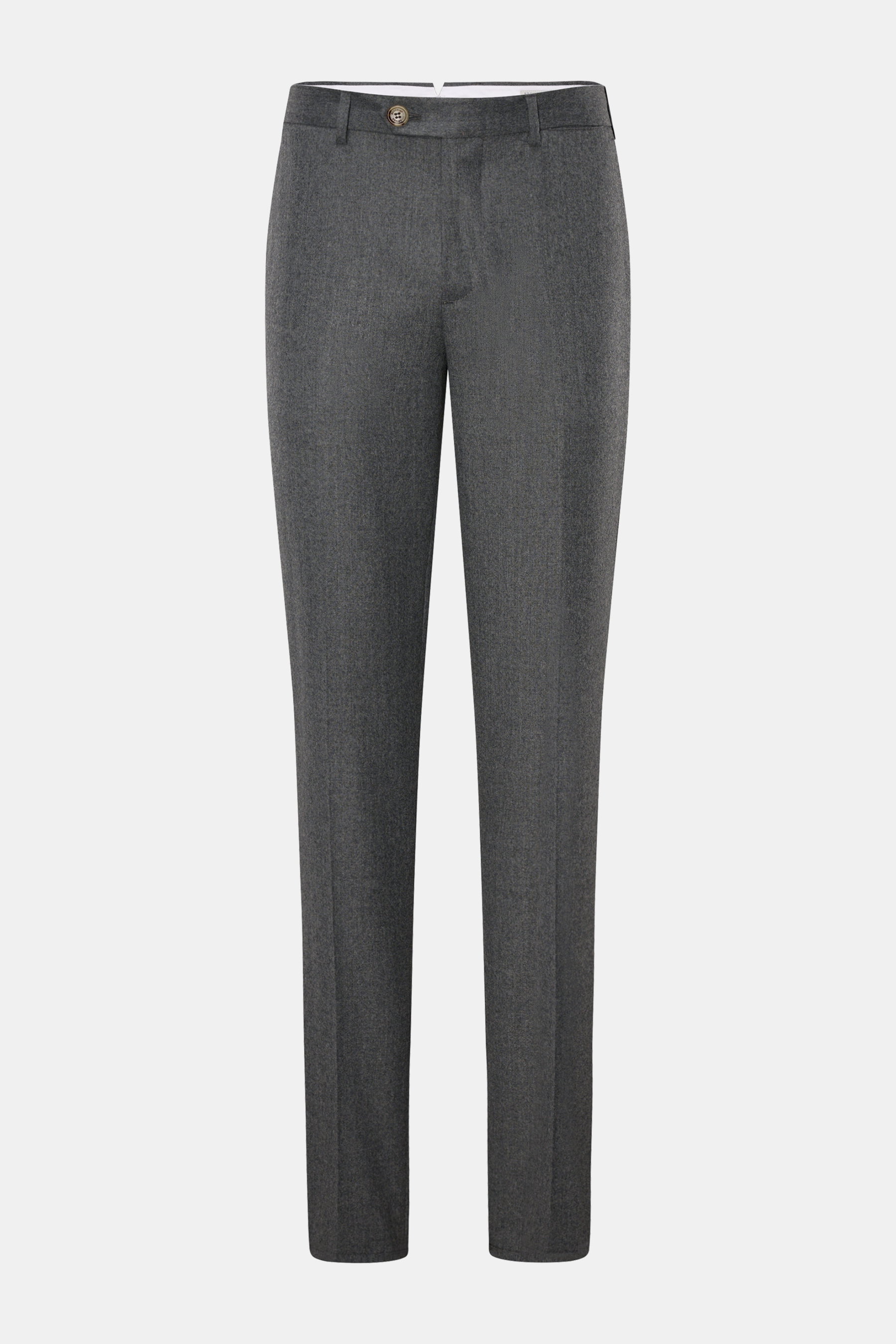 Brunello Cucinelli Wollhose 'Italian Fit' grau meliert, aus reiner Wolle, Regular Fit, schmal zulaufend, mit Reißverschluss, Bundknopf, französischen Taschen, Uhrentasche, Gesäßtaschen mit Knopf, frontal fotografiert.