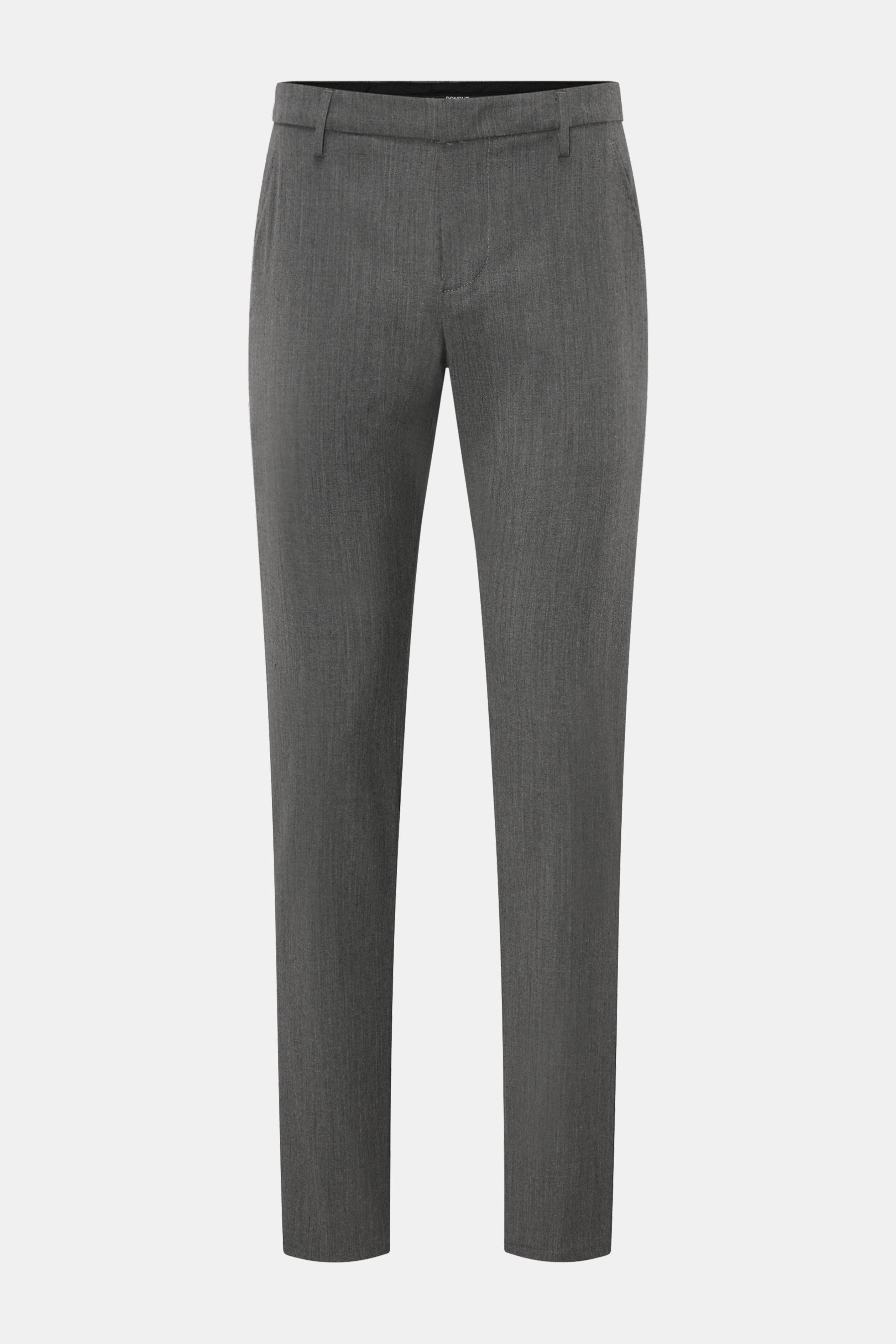 Dondup Hose 'Gaubert' dunkelgrau meliert, Slim Fit, schmal geschnitten, aus Microfaser, Wolle, Viskose, mit Reißverschluss, Slide Button, Taschen, Metall-Initial, frontale Ansicht.