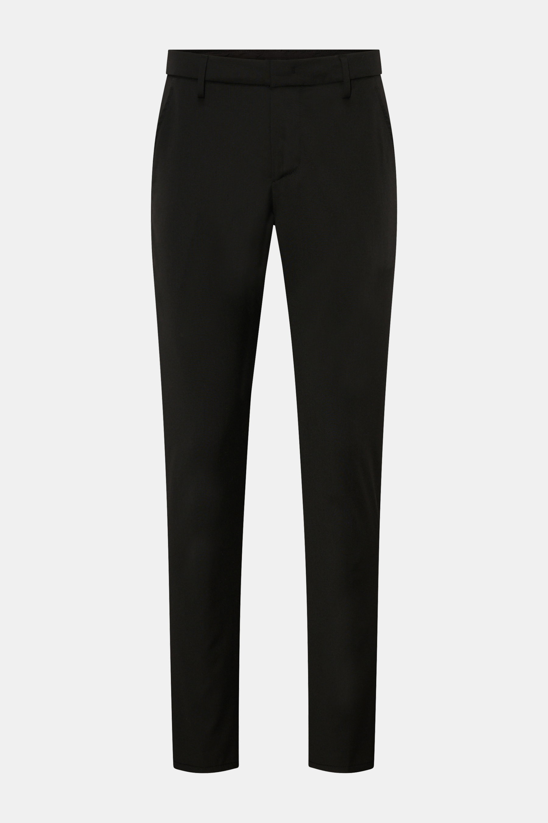 Dondup Hose 'Gaubert' schwarz, Slim Fit mit schmal geschnittener Wade, aus Microfaser-Wolle-Viskose, Reißverschluss, Slide Button, Taschen, Metall-Initial, frontale Ansicht.
