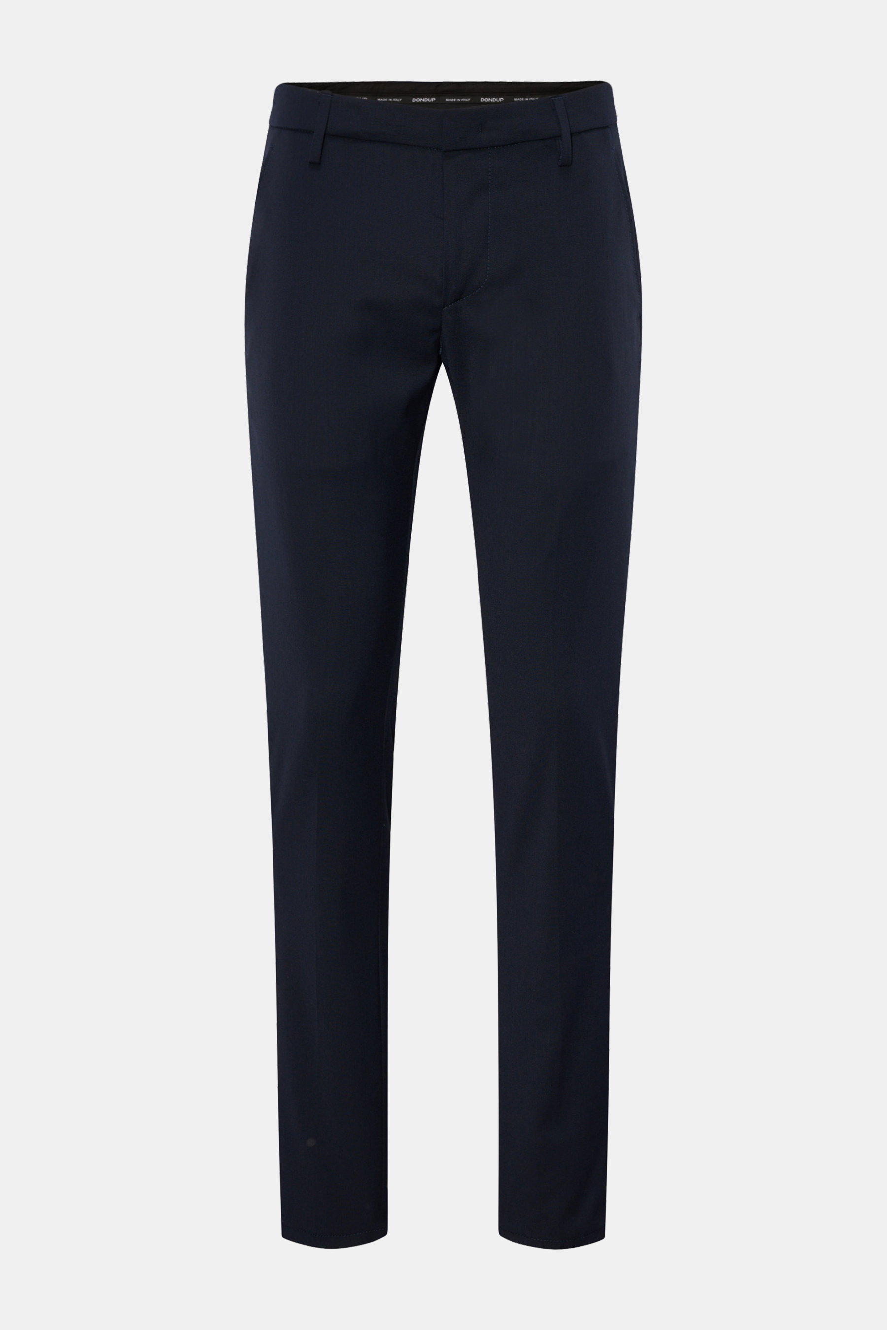 Dondup Hose 'Gaubert' navy, frontale Ansicht, Slim Fit, Mix aus Microfaser, Wolle, Viskose, weich, elastisch, schmal geschnittene Wade, Reißverschluss, Slide Button, französische Taschen, Gesäßtaschen mit Knopf, Metall-Initial.