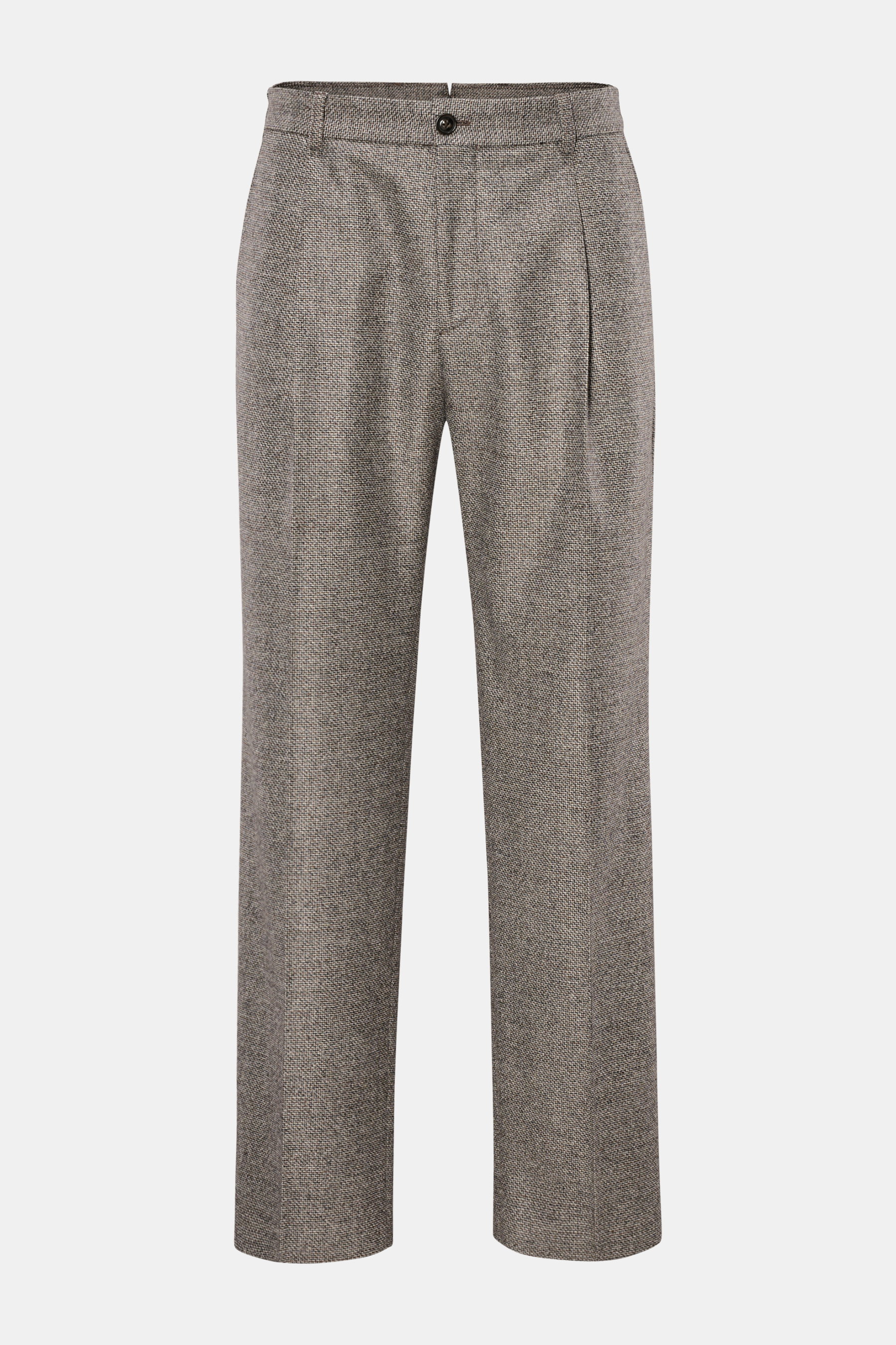 Windsor Wollhose 'Francos' braun/hellgrau gemustert aus reiner Wolle, feinem Webmuster, Tapered Fit, knöchellang, mit Bundknopf, Reißverschluss, französischen Taschen, frontal fotografiert.