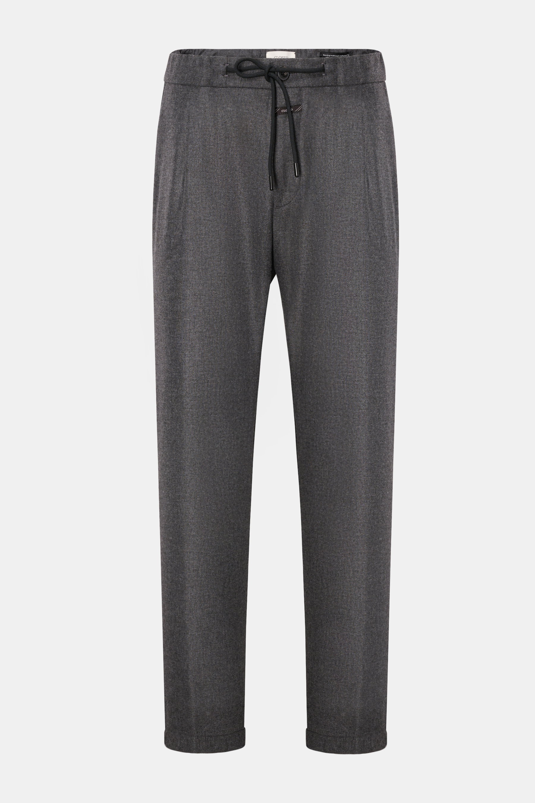 Closed Jogpants 'Vigo' dunkelgrau meliert, frontale Ansicht, Tapered Fit, Woll-Mix, elastischer Bund mit Tunnelzug, Taschen, knöchellang, weicher Griff.