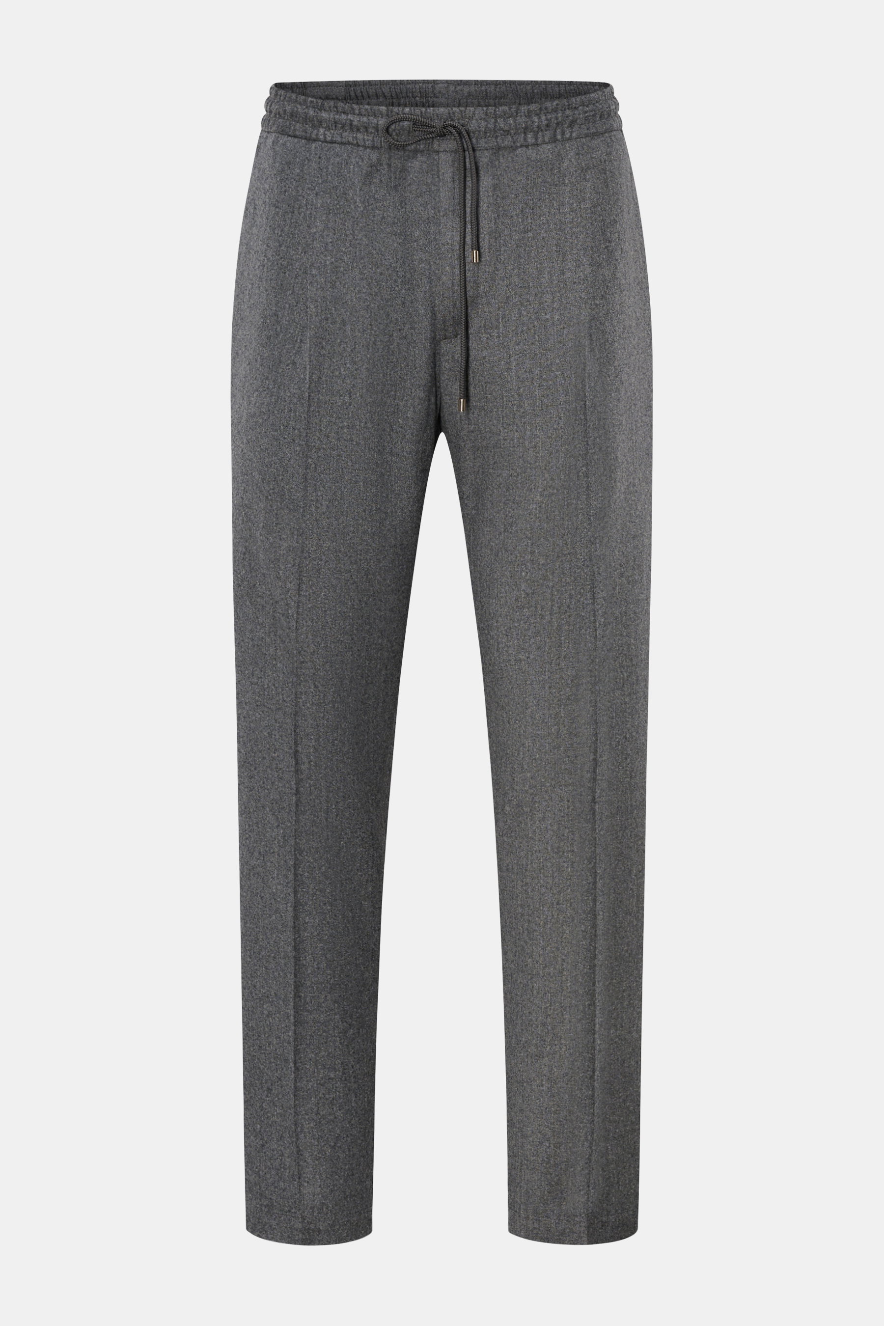 Briglia 1949 Woll-Jogpants 'Wimbledon' grau meliert, frontale Ansicht, Tapered Fit, reine Wolle, hoher Bund, Tunnelzug, französische Taschen.
