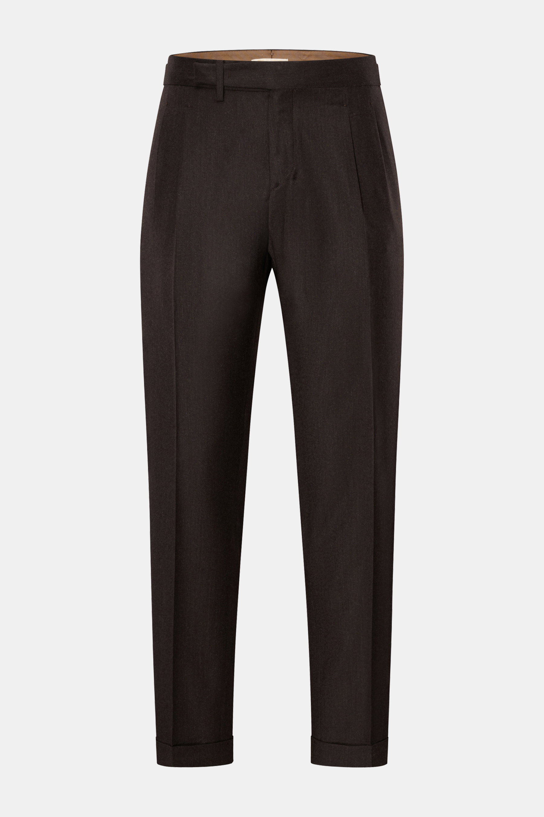 Briglia 1949 Wollhose 'Quarteris' dunkelbraun meliert, frontale Ansicht, Mix aus Wolle und Cashmere, weicher Griff, leichte Qualität, tapered Fit, reguläre Oberschenkelweite, knöchellang, schmal zulaufend, Reißverschluss, Bundknöpfe, Side-Adjuster, doppel