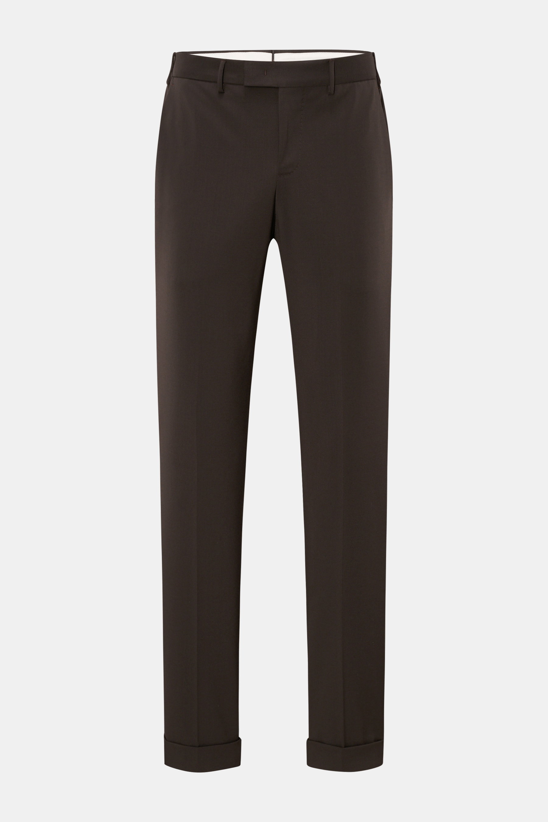 PT Torino Wollhose 'Master Fit' dunkelbraun, Frontansicht, knöchellang, Tapered Fit, Schurwolle mit Stretch, Saumaufschlag, französische Taschen.