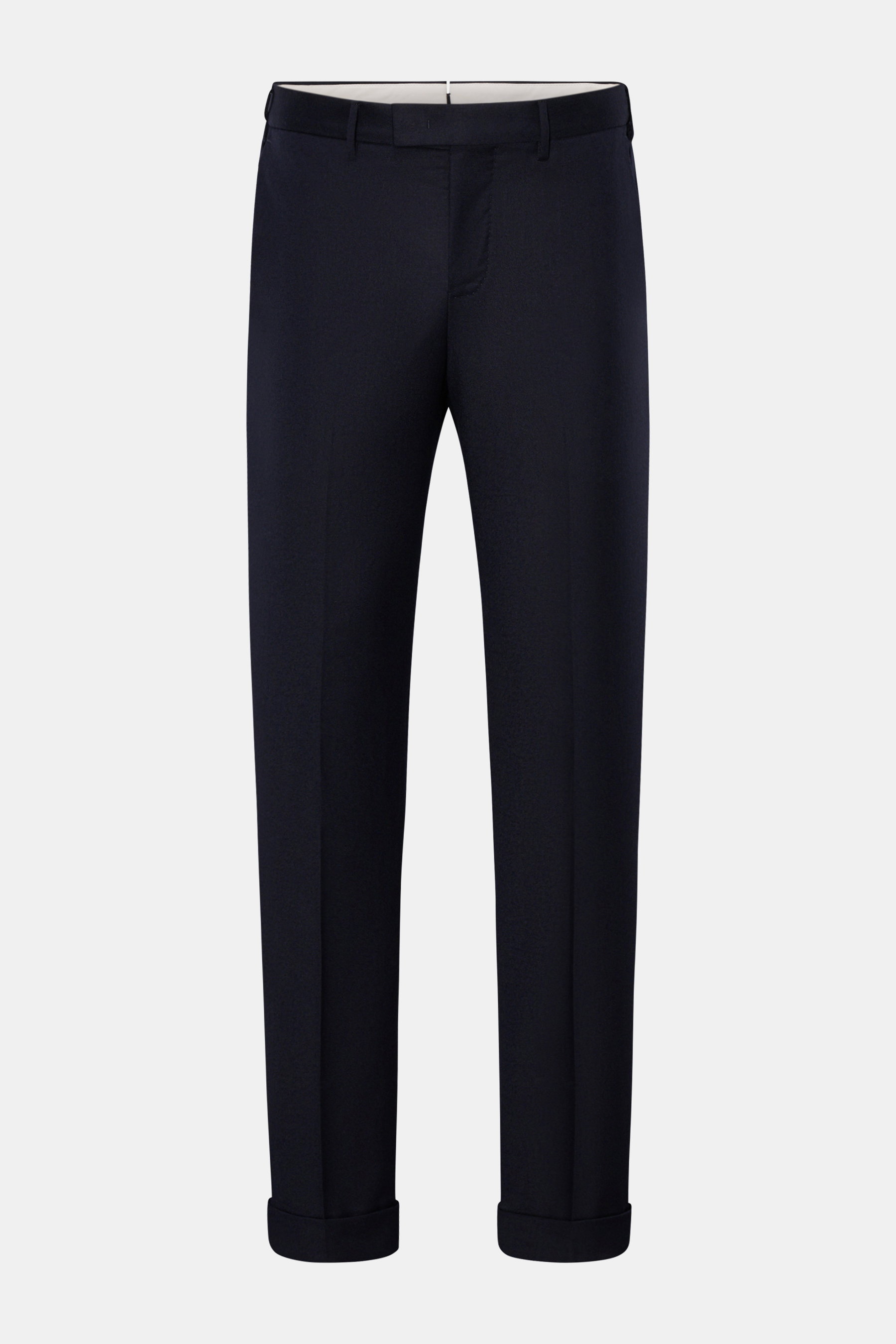 PT Torino Wollhose 'Master Fit' dark navy, frontale Ansicht, feine Schurwolle, leichter Stretch, Regular Fit, Saumaufschlag, französische Taschen.