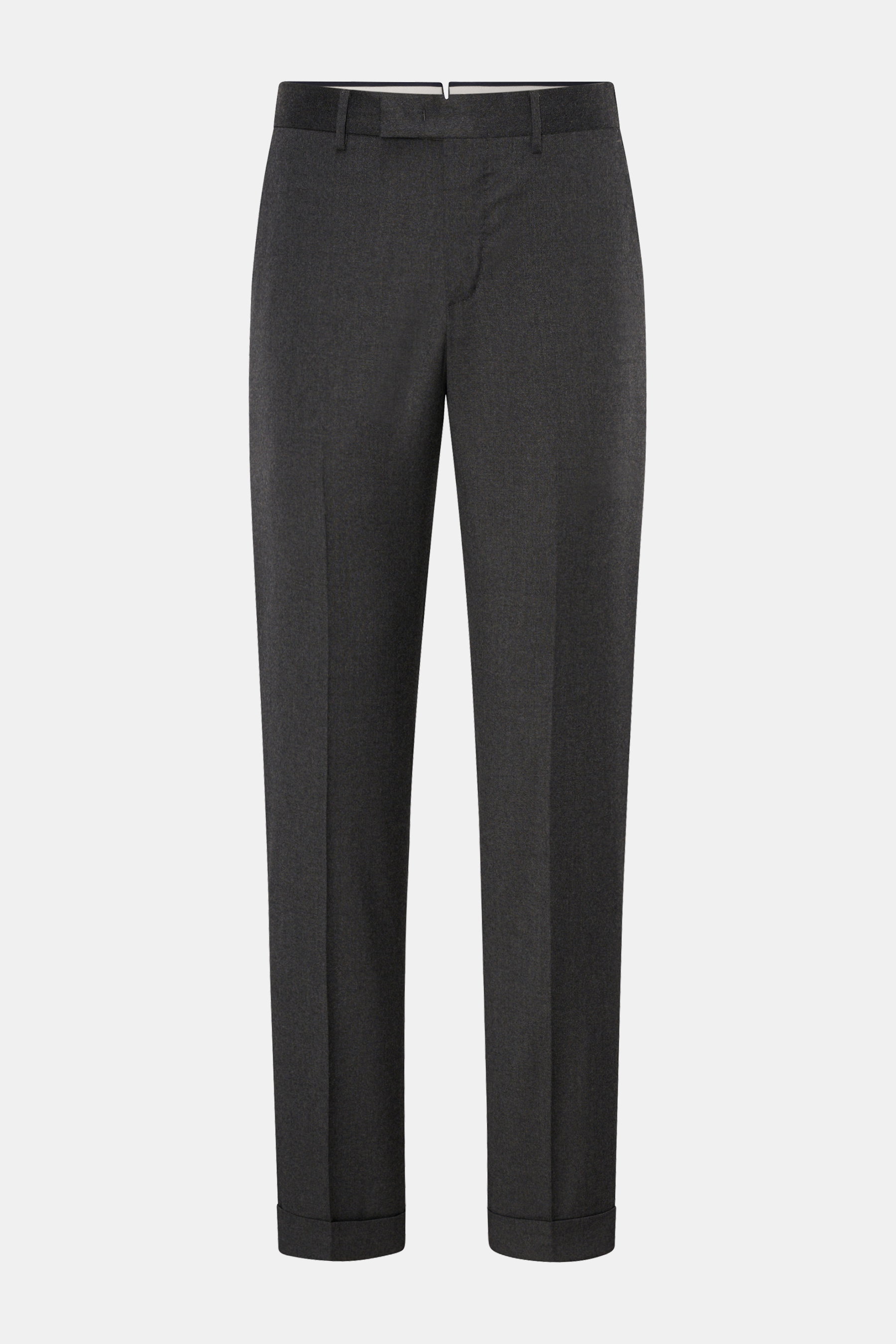 PT Torino Wollhose 'Master Fit' dunkelgrau, frontal fotografiert, aus reiner Schurwolle, Regular Fit, fixierter Saumaufschlag, französische Taschen.