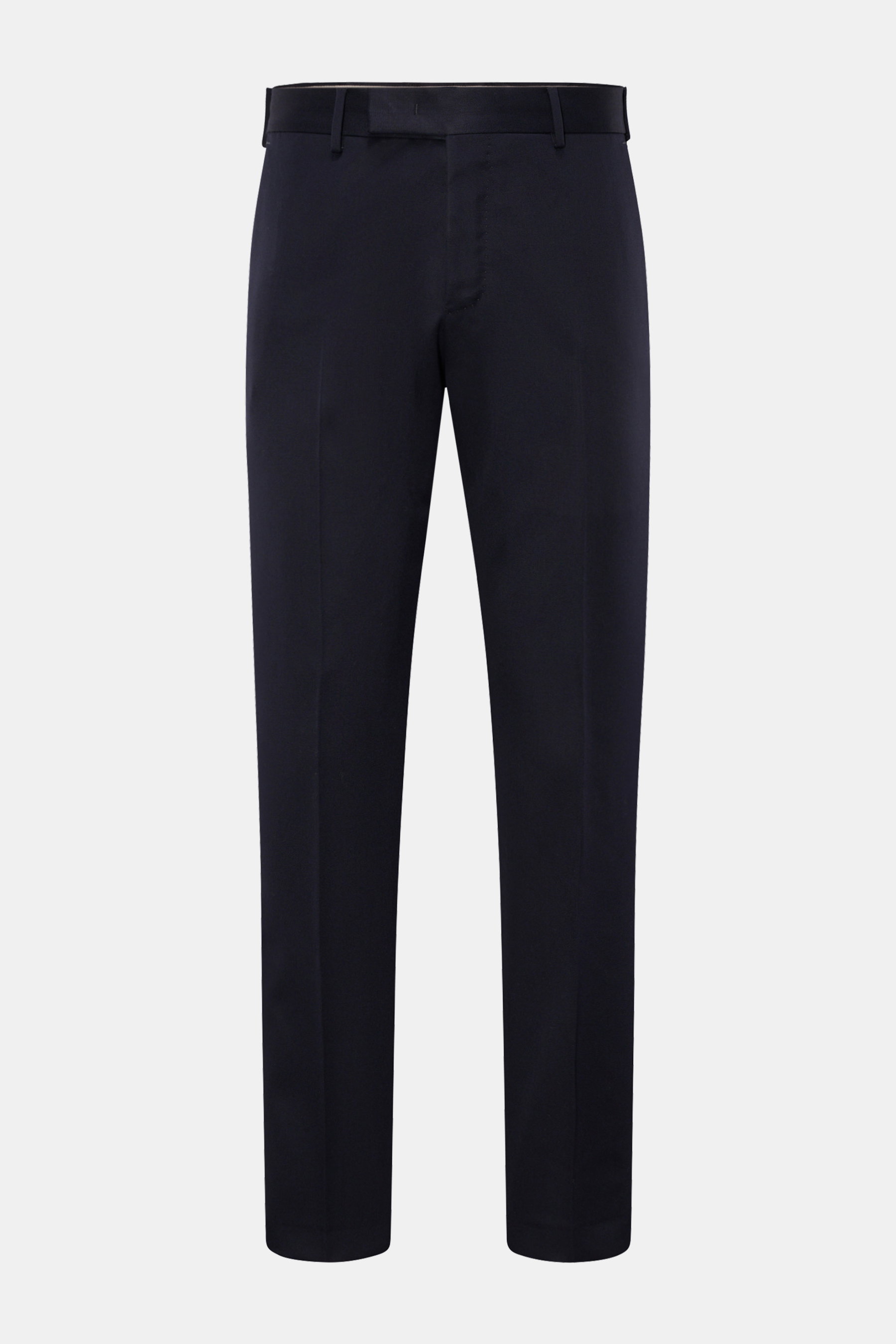 PT Torino Wollhose 'Rebel Fit' navy, frontal fotografiert, aus Twill reiner Wolle, leicht strukturierter Griff, Rebel Fit, reguläre Oberschenkelweite, knöchellang, mit Reißverschluss, Bundhaken, französischen Taschen und Leistentaschen am Gesäß.