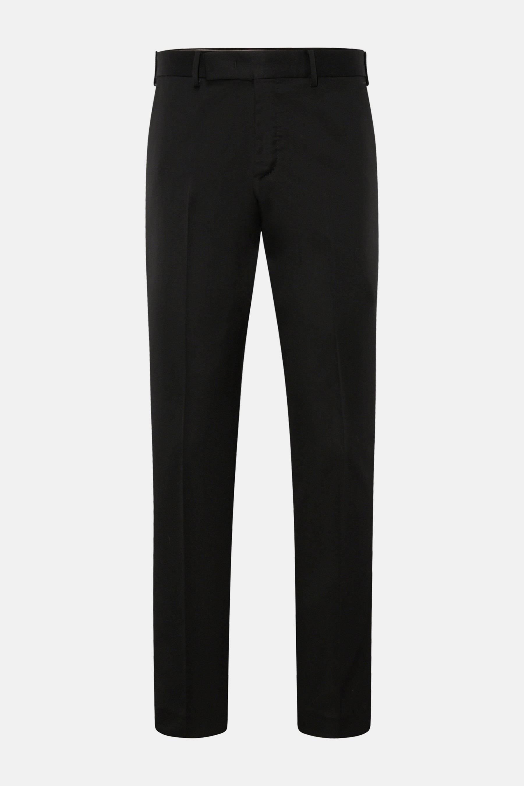 Schwarze PT Torino Wollhose "Rebel Fit" frontal abgebildet, knöchellang, Twill aus reiner Wolle, leichter Griff, Reißverschluss, Bundhaken, französische Taschen, Leistentaschen am Gesäß, reguläre Oberschenkelweite.