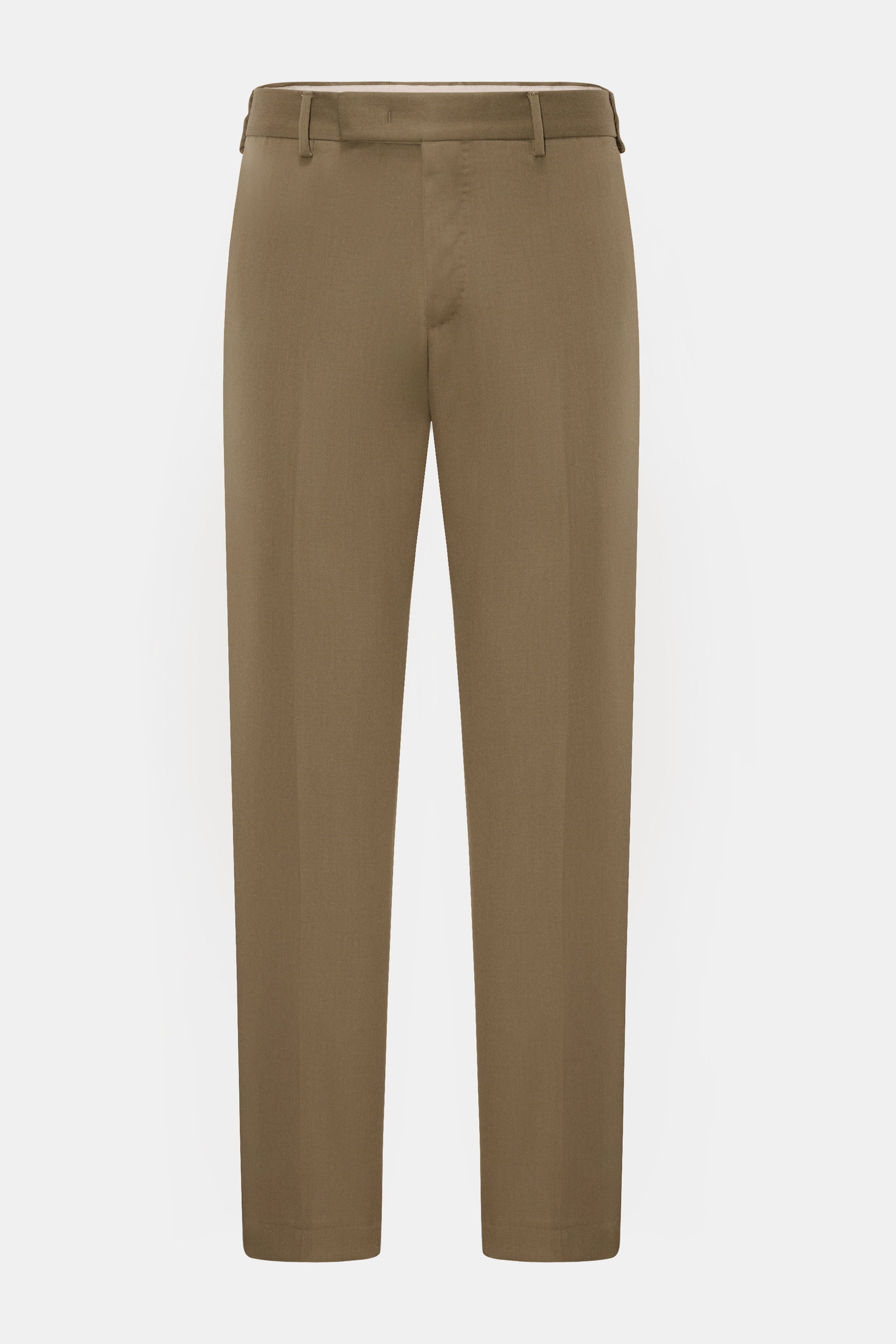 Frontale Aufnahme der PT Torino Wollhose 'Rebel Fit' oliv aus Twill, reine Wolle, leicht strukturierter Griff, Rebel Fit, reguläre Oberschenkelweite, knöchellang, mit Reißverschluss, Bundhaken, französischen Taschen und Leistentaschen am Gesäß.