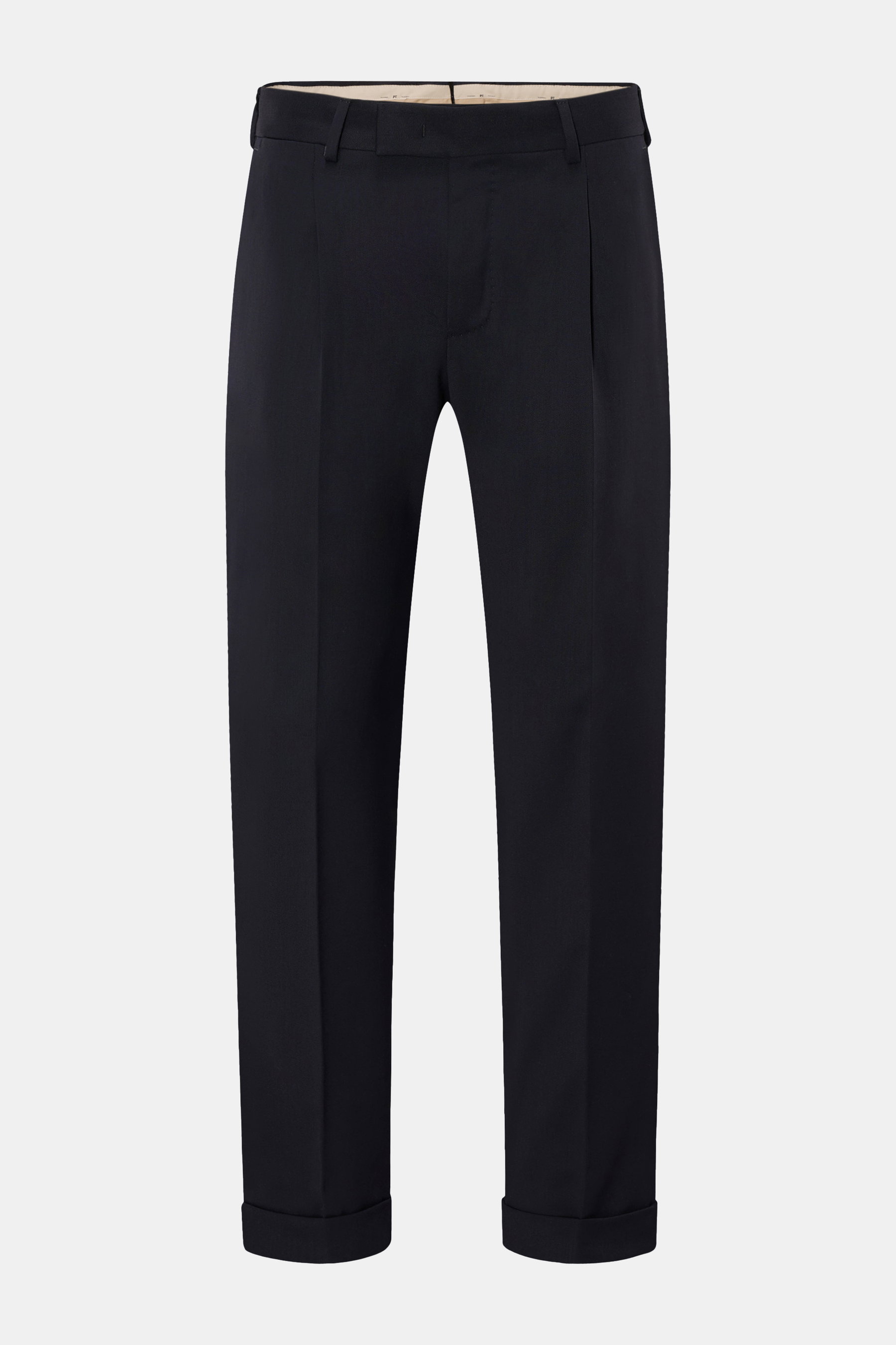 PT Torino Hose 'Rebel Fit' navy, frontale Ansicht, Twill aus Microfaser und Wolle, leicht elastisch, griffig, knöchellang mit Reißverschluss, Bundhaken, Bundfalte, Uhrentasche, französische Taschen, Gesäßtaschen mit geknöpfter Patte, fixierter Saumaufschl