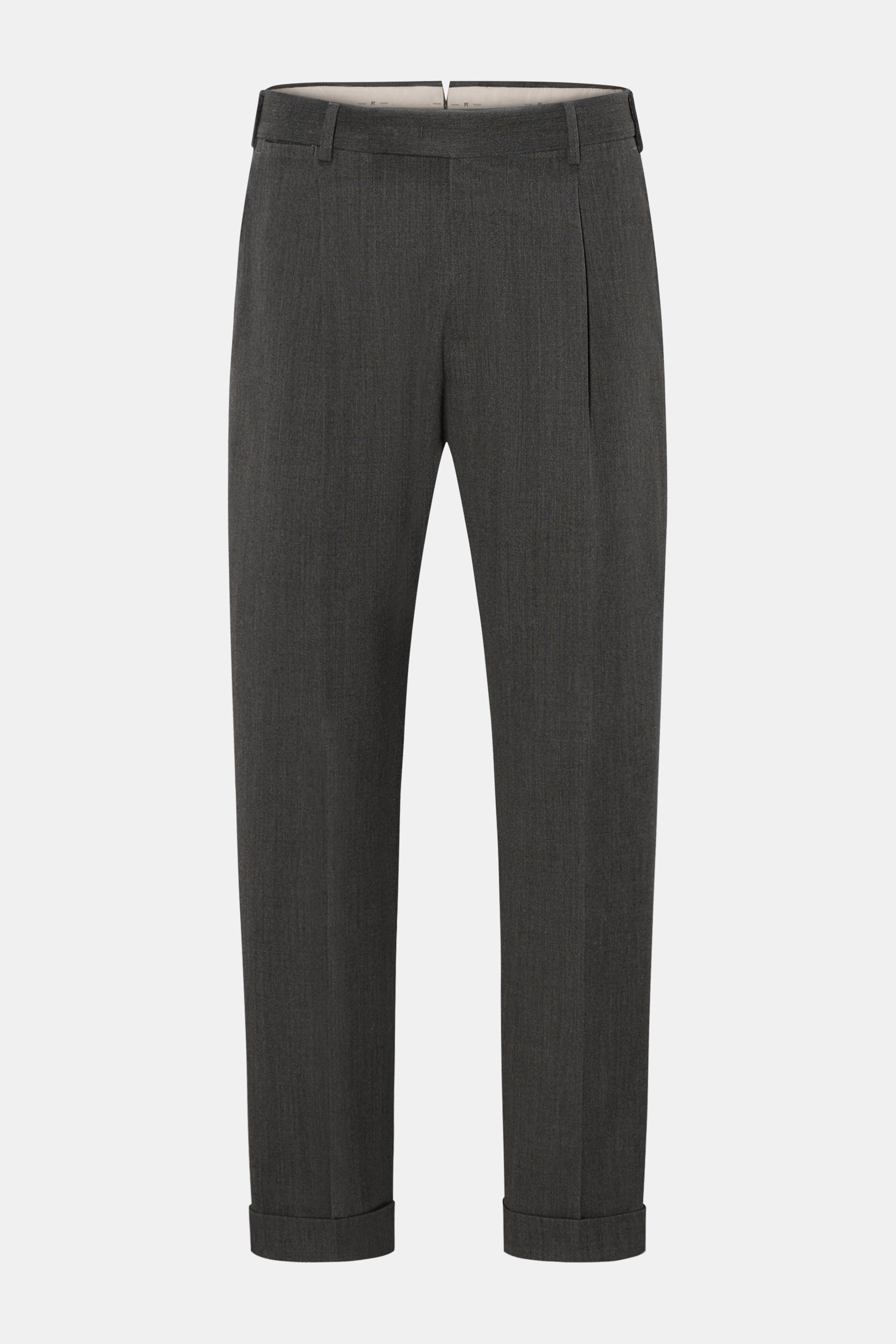PT Torino Hose 'Rebel Fit' dunkelgrau meliert, Frontansicht, Twill aus Microfaser und Wolle, leicht elastisch, knöchellang mit fixiertem Saumaufschlag, Bundhaken, Reißverschluss, einfache Bundfalte, kleine Uhrentasche, französische Taschen, Gesäßtaschen m