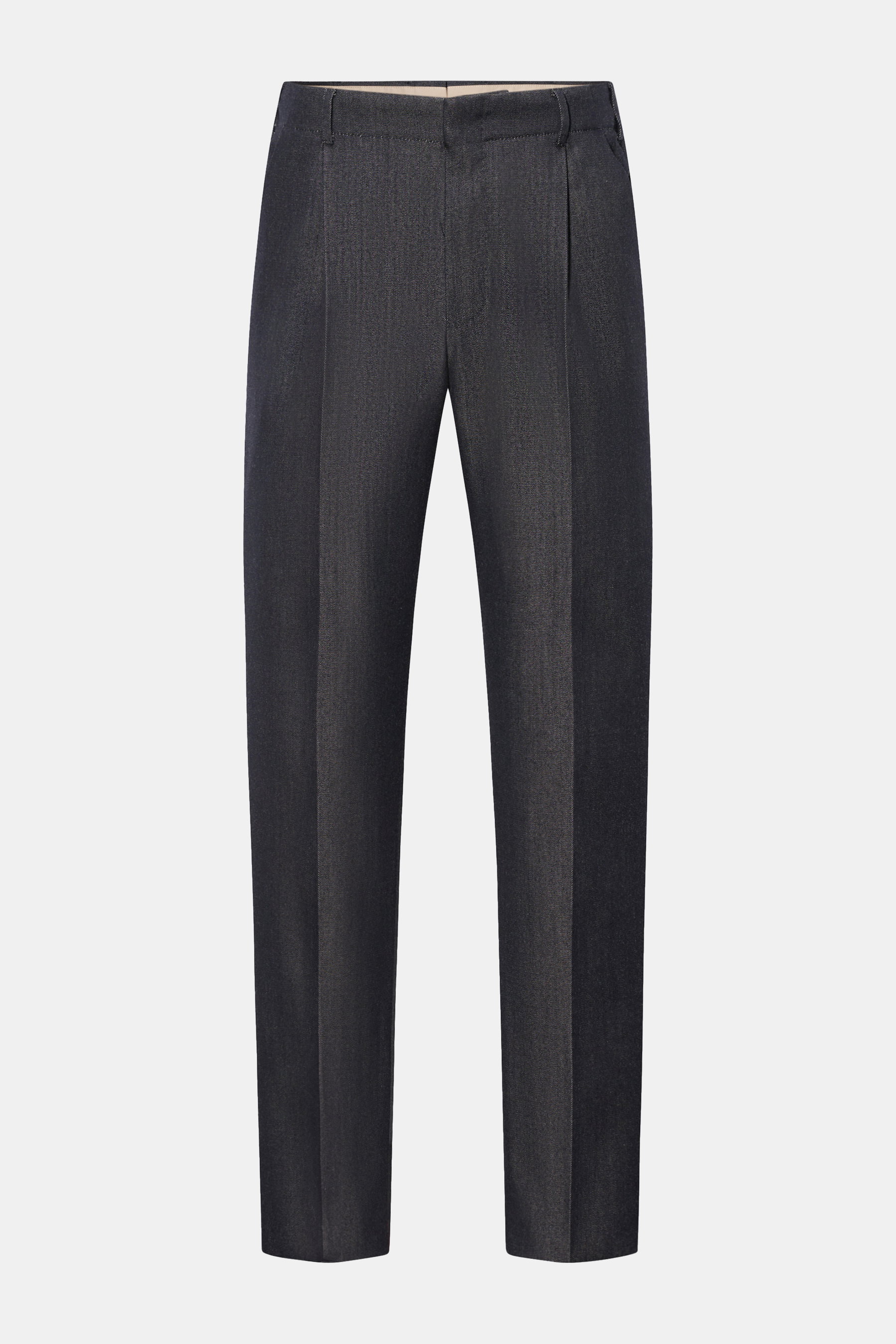 Frontale Ansicht der PT Torino Hose 'Rebel Fit' dark navy meliert aus Twill, Wolle und Baumwolle, mit leichter Griffigkeit, regulärer Oberschenkelweite, Reißverschluss, Bundhaken, einfacher Bundfalte, französischen Taschen, paspelierten Gesäßtaschen mit K