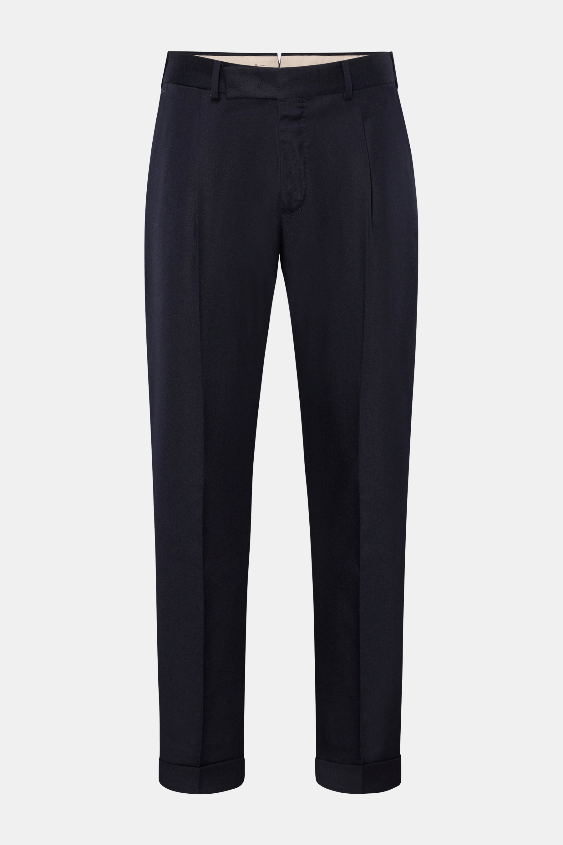 PT Torino Wollhose 'Rebel Fit' navy, frontale Aufnahme, knöchellang mit fixiertem Saumaufschlag, aus leicht elastischer Schurwolle, weicher Griff, mit Reißverschluss, Bundhaken, einfacher Bundfalte, kleiner Uhrentasche, französischen Taschen und geknöpfte