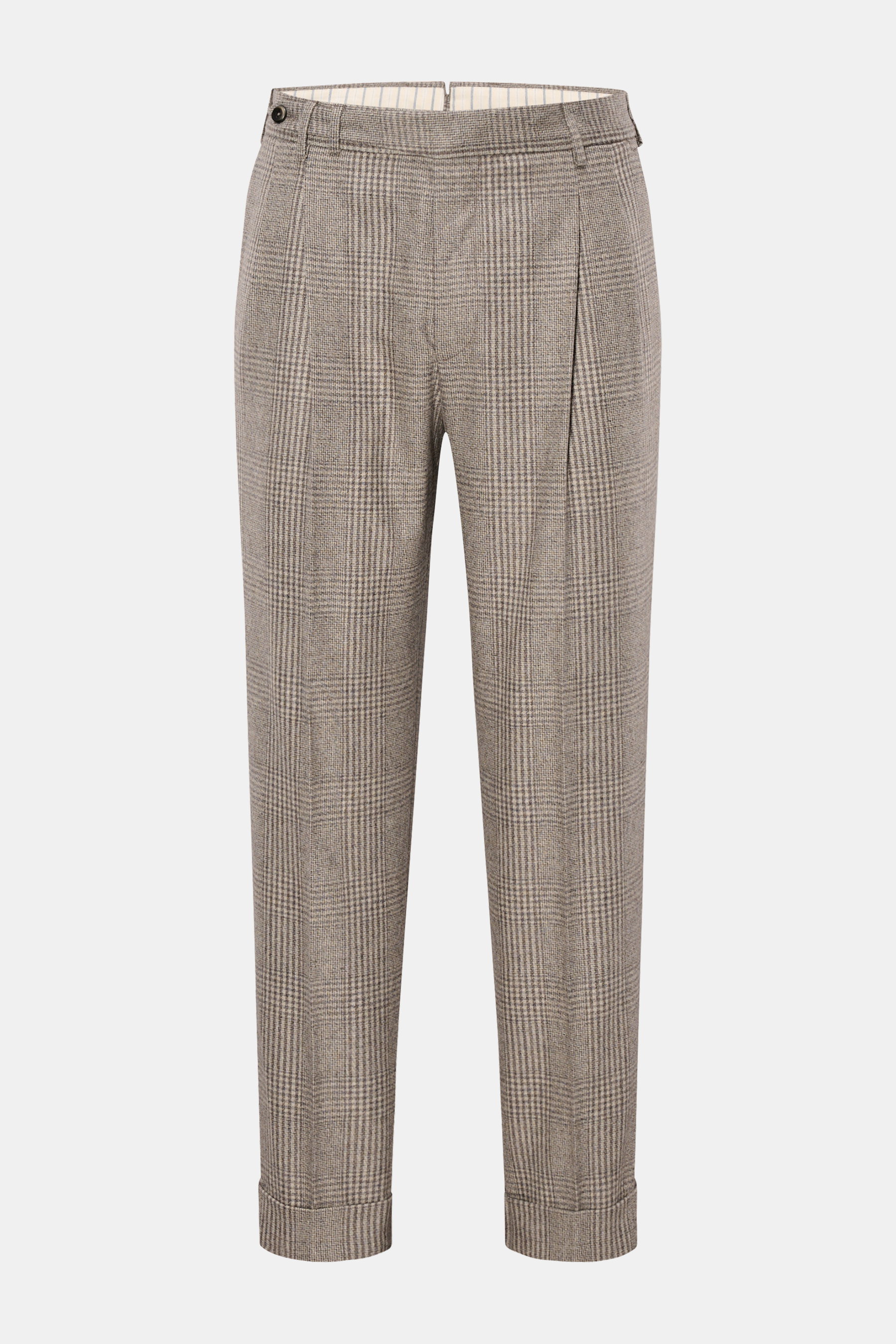 PT Torino Wollhose 'Carrot Fit' grau/creme/navy kariert, frontal fotografiert, kurze Form mit Bundfalten, verlängertem Knopfriegel, schmal zulaufend, knöchellang.