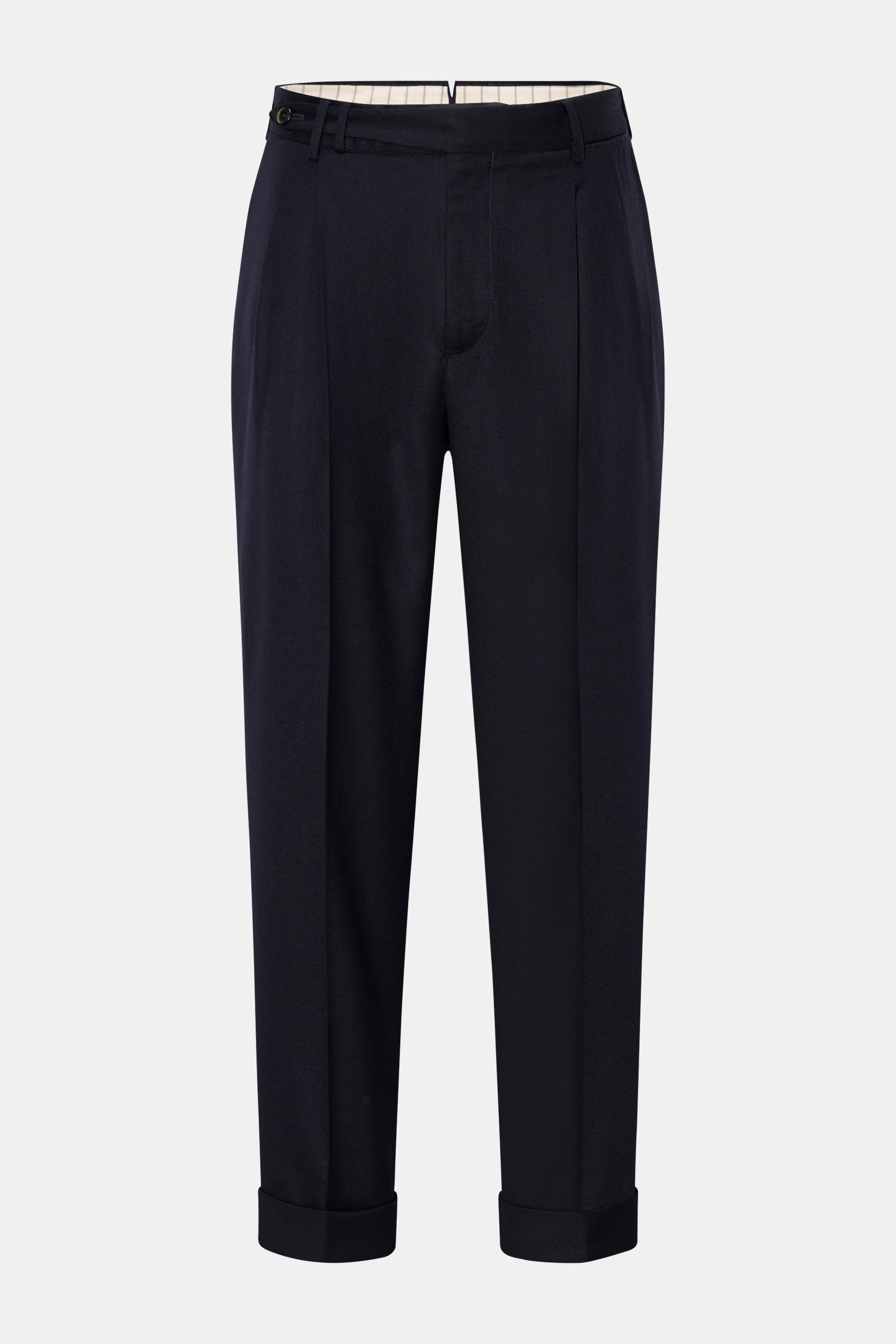 PT Torino Wollhose 'Carrot Fit' navy, frontale Aufnahme, knöchellang, schmal zulaufend, aus reiner Schurwolle mit Stretch, Bundfalten, Saumaufschlag, französische Taschen.