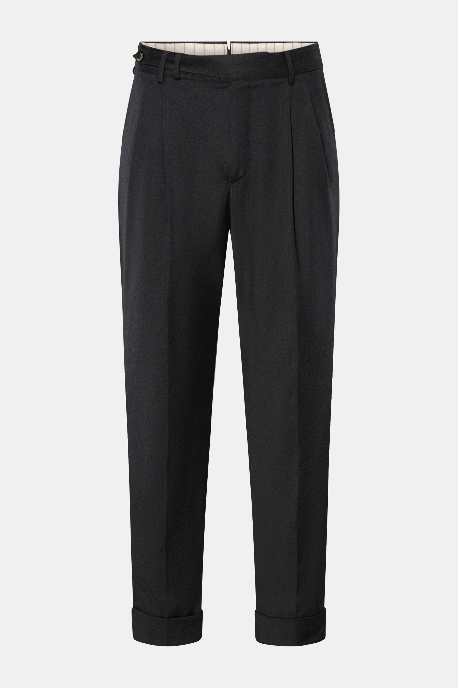 PT Torino Wollhose 'Carrot Fit' anthrazit meliert, frontale Ansicht, reine Schurwolle, Stretch, Bundfalten, Saumaufschlag, französische Taschen, Uhrentasche, schmal zulaufend, knöchellang.