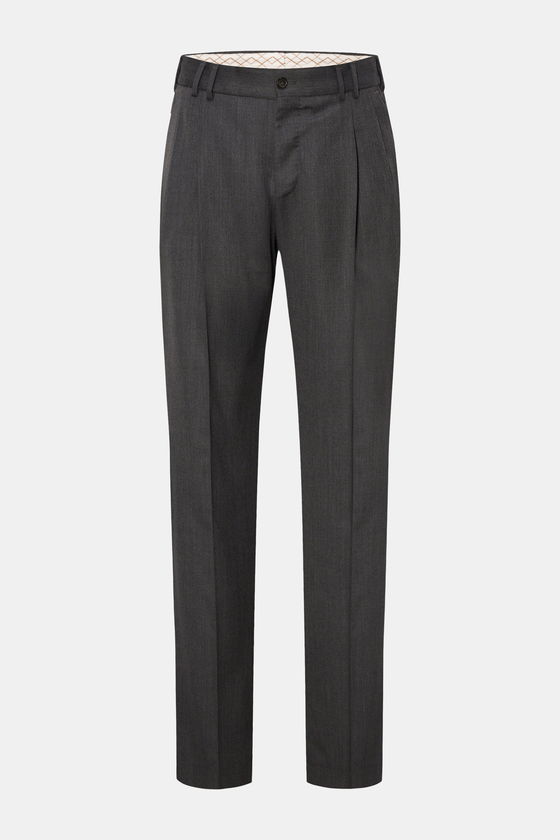 PT Torino Wollhose 'Michael' anthrazit meliert, Frontansicht, feiner Twill aus Wolle, glatter Griff, Regular Fit, Reißverschluss & Bundknöpfe, doppelte Bundfalte, französische Taschen, Gesäßtaschen mit Patte.