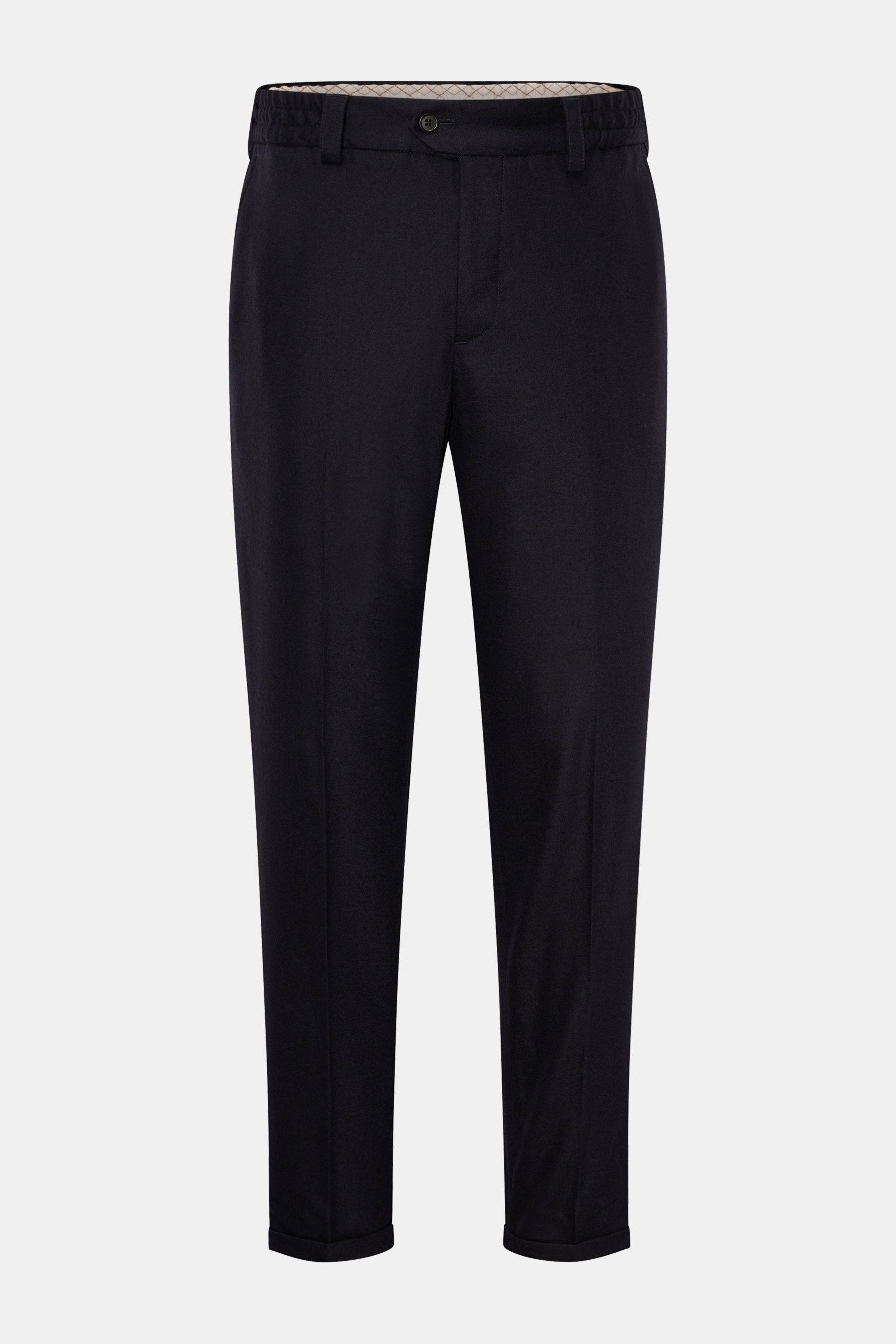 Frontale Aufnahme der PT Torino Woll-Jogpants 'The Rebel' navy mit elastischem Bund, Button-Fly, französischen Taschen, tapered Fit und weichem Griff.
