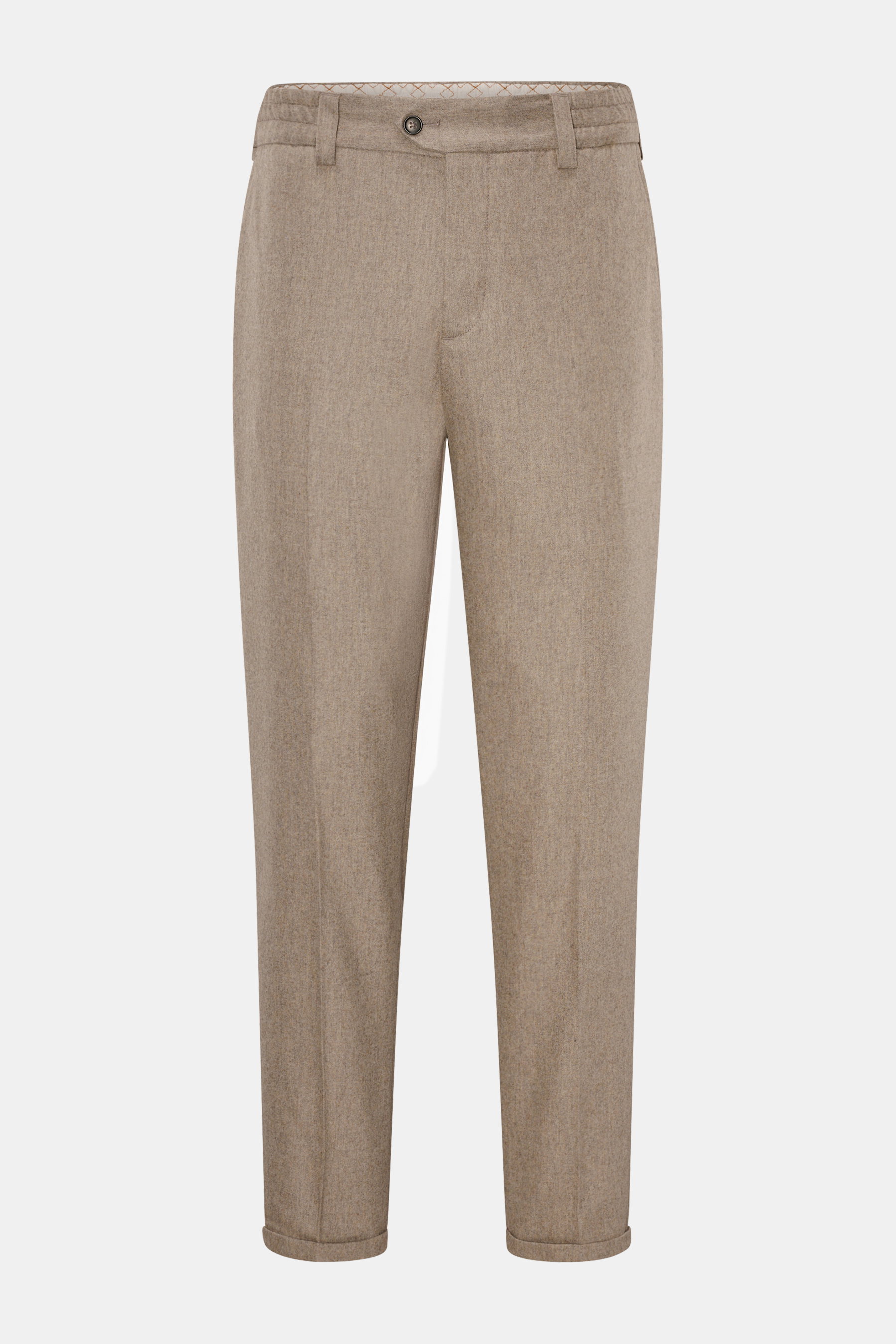 PT Torino Woll-Jogpants "The Rebel" beige meliert, von vorne, Mix aus Wolle und Cashmere, elastisch, weicher Griff, Tapered Fit, knöchellang, Button-Fly, elastischer Bund, französische Taschen, Gesäßtaschen mit Patte, schmaler Saumaufschlag.