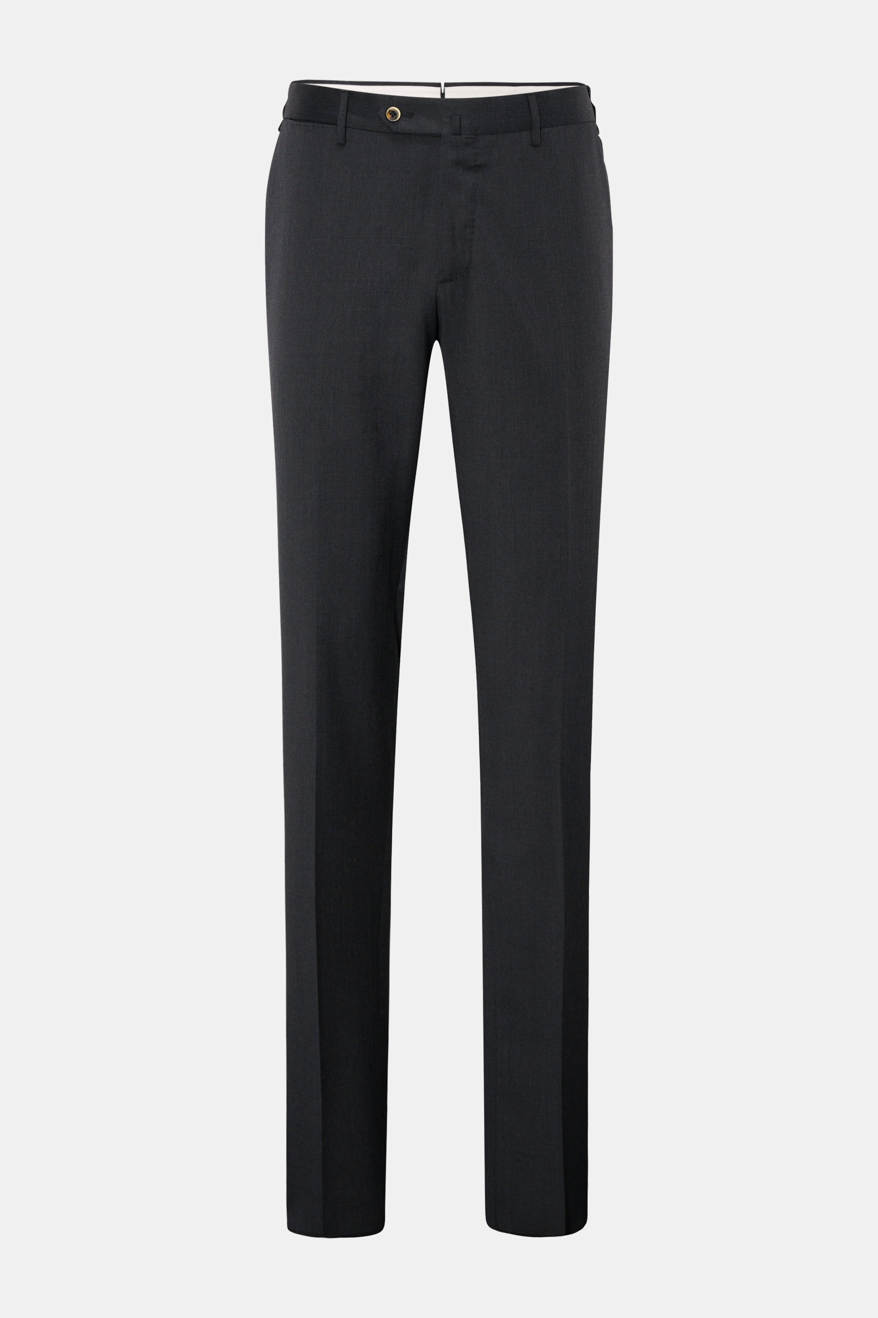 Frontansicht der PT Torino Wollhose 'Slim Fit' anthrazit aus feinem Twill, reiner Wolle, mit weichem Griff, schmal zulaufend, Bundknopf, Reißverschluss, französischen Taschen, Uhrentasche, paspelierten Gesäßtaschen mit Knopf und offener Länge.