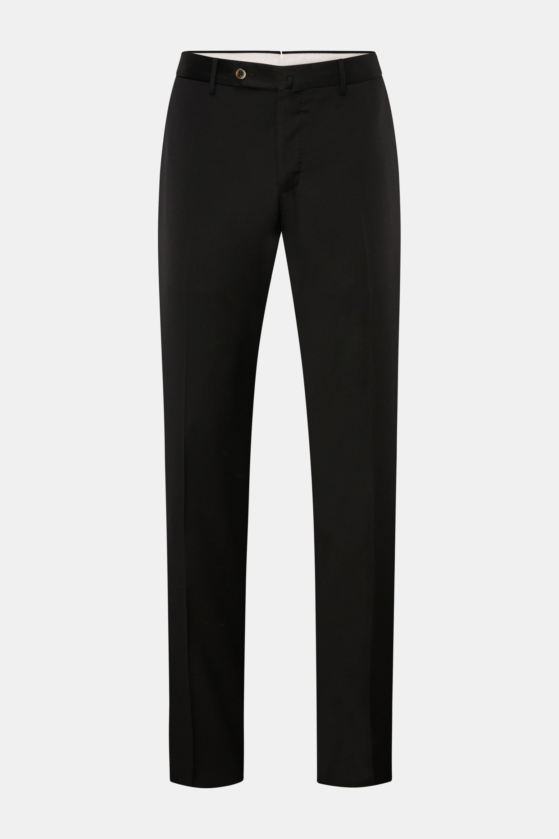 PT Torino Wollhose 'Slim Fit' schwarz, frontale Ansicht, feiner Twill aus reiner Wolle, weicher Griff, schmal zulaufend, Reißverschluss mit Bundknöpfen, französische Taschen, kleine Uhrentasche, paspelierte Gesäßtaschen mit Knopf, offene Länge.