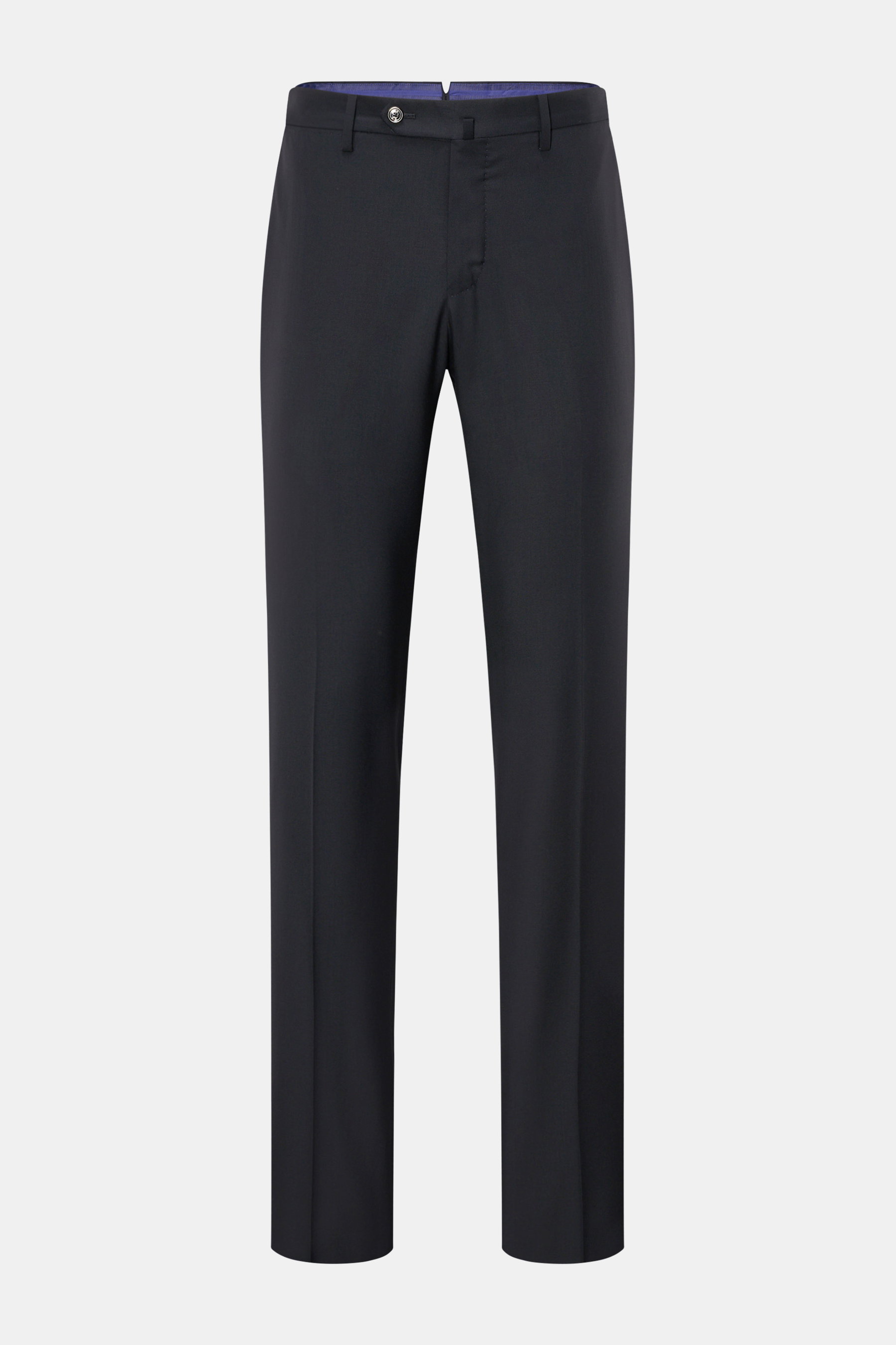 PT Torino Wollhose 'Slim Fit' dark navy, frontale Ansicht, schmal zulaufend, aus reiner Super 160'S Wolle, glatter Griff, leichte Qualität, French-Taschen, Bundknöpfe, offene Länge.