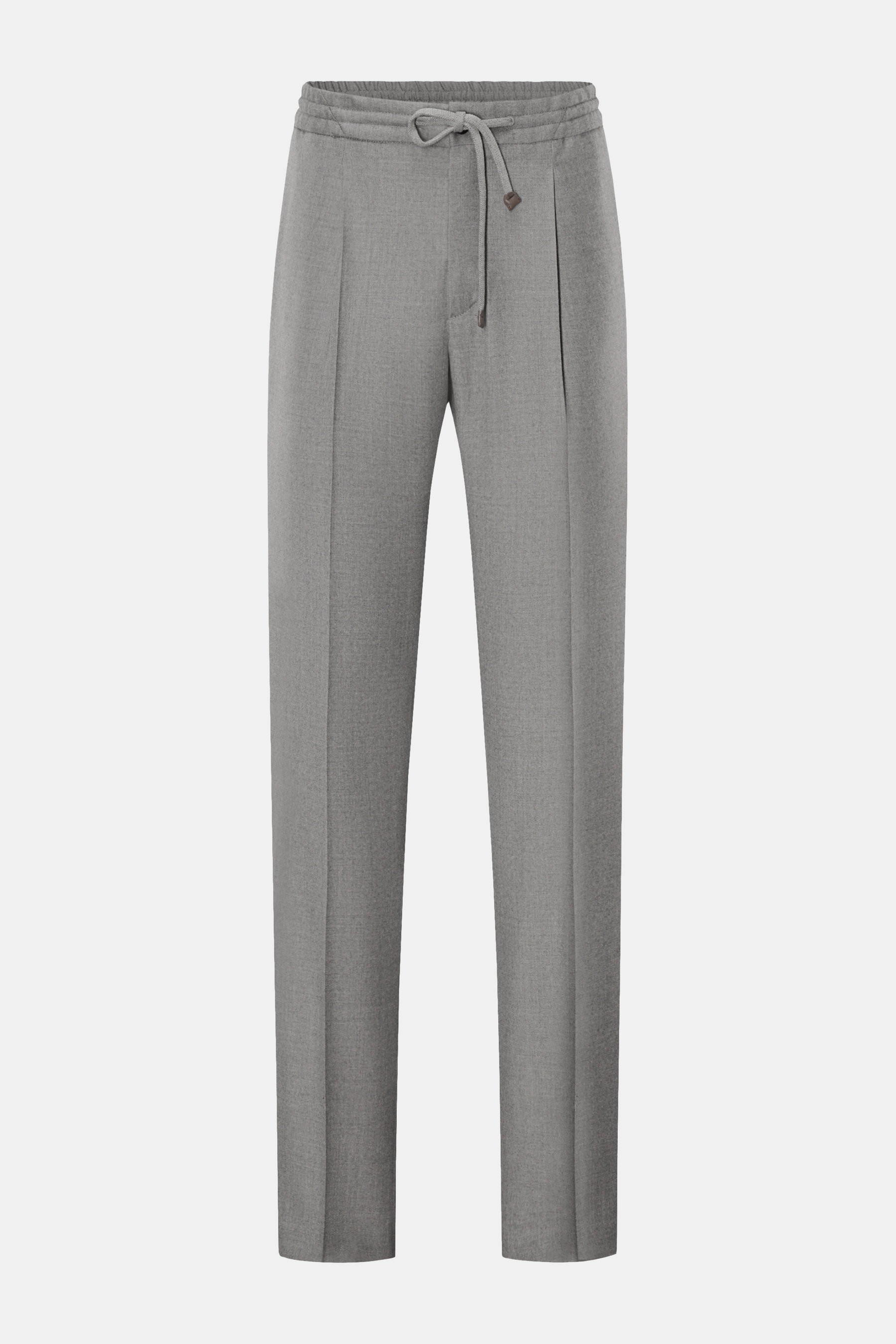 Incotex Woll-Jogpants grau meliert, frontal fotografiert, aus reiner Wolle mit Regular Fit, elastischem Bund, Tunnelzug, Bundfalte, französischen Taschen und paspelierten Gesäßtaschen.