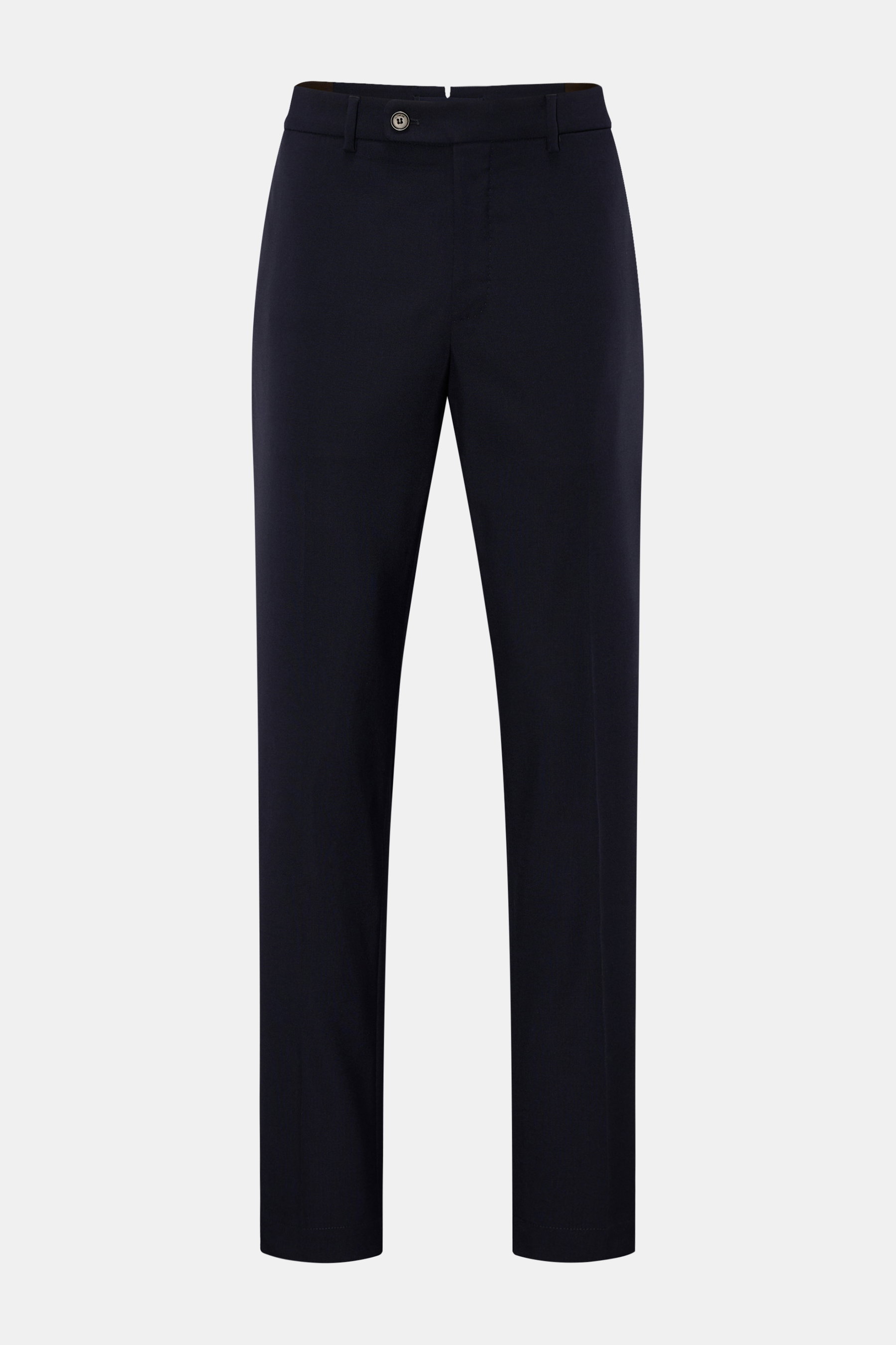 Incotex Wollhose navy, frontale Ansicht, Strukturgewebe aus reiner Wolle, leicht griffig, Regular Fit, sehr schmal zulaufend, Reißverschluss, Bundknöpfe, französische Taschen, kleine Uhrentasche, Gesäßtaschen mit Knopf.