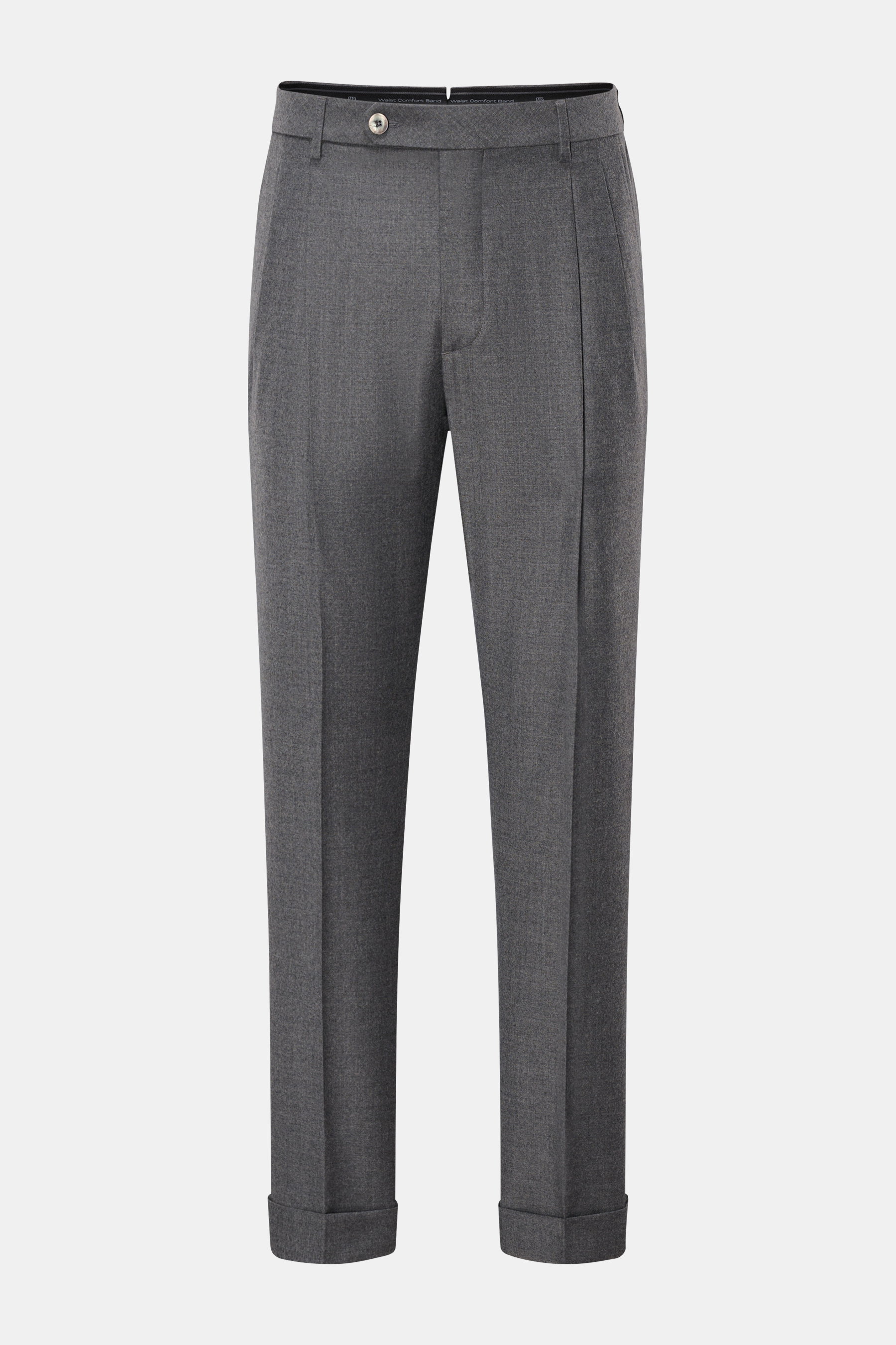 GTA Wollhose 'Luca' dunkelgrau meliert, knöchellang, Tapered Fit, Schurwolle mit Cashmere, Waist Comfort Band, doppelte Bundfalte, von vorne fotografiert.
