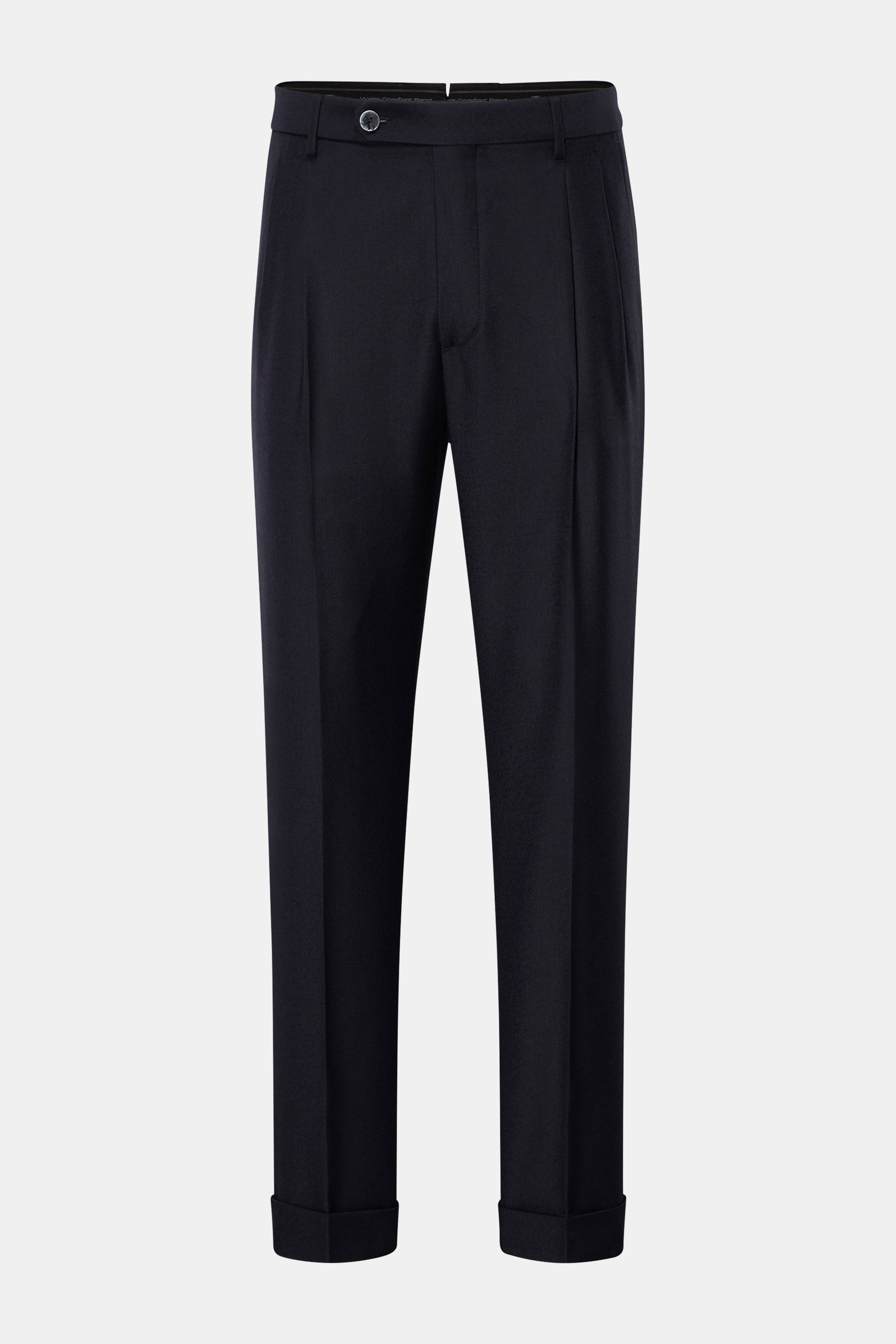 GTA Wollhose 'Luca' dark navy, knöchellang, Tapered Fit, aus Schurwolle mit Cashmere, flexiblem Waist Comfort Band, doppelte Bundfalte, von vorne fotografiert.