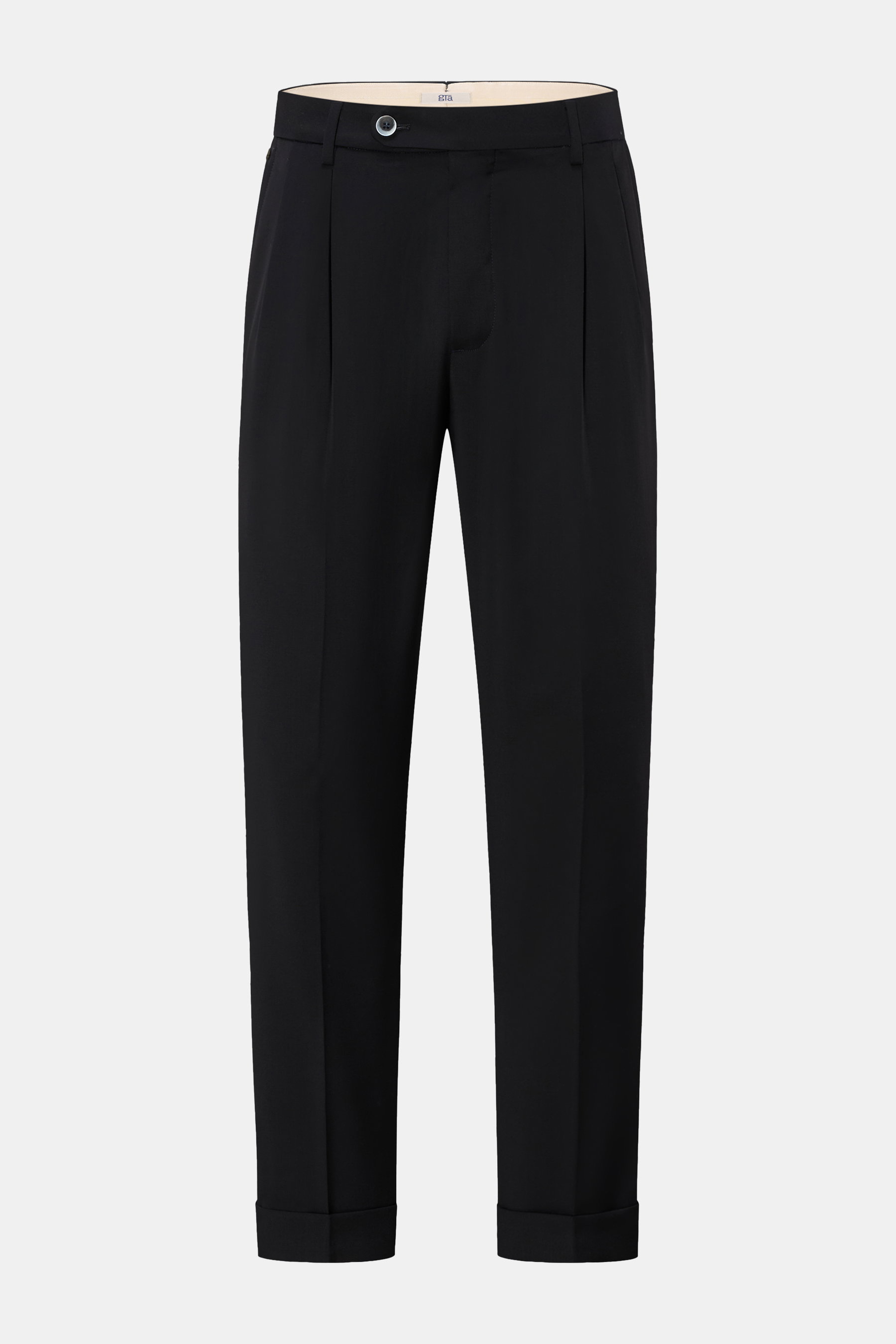 GTA Wollhose 'Luca' navy, frontale Aufnahme, Cropped-Wollhose aus reiner Schurwolle mit Twill-Struktur, Waist Comfort Band, Tapered Fit, französische Taschen, Saumaufschlag.