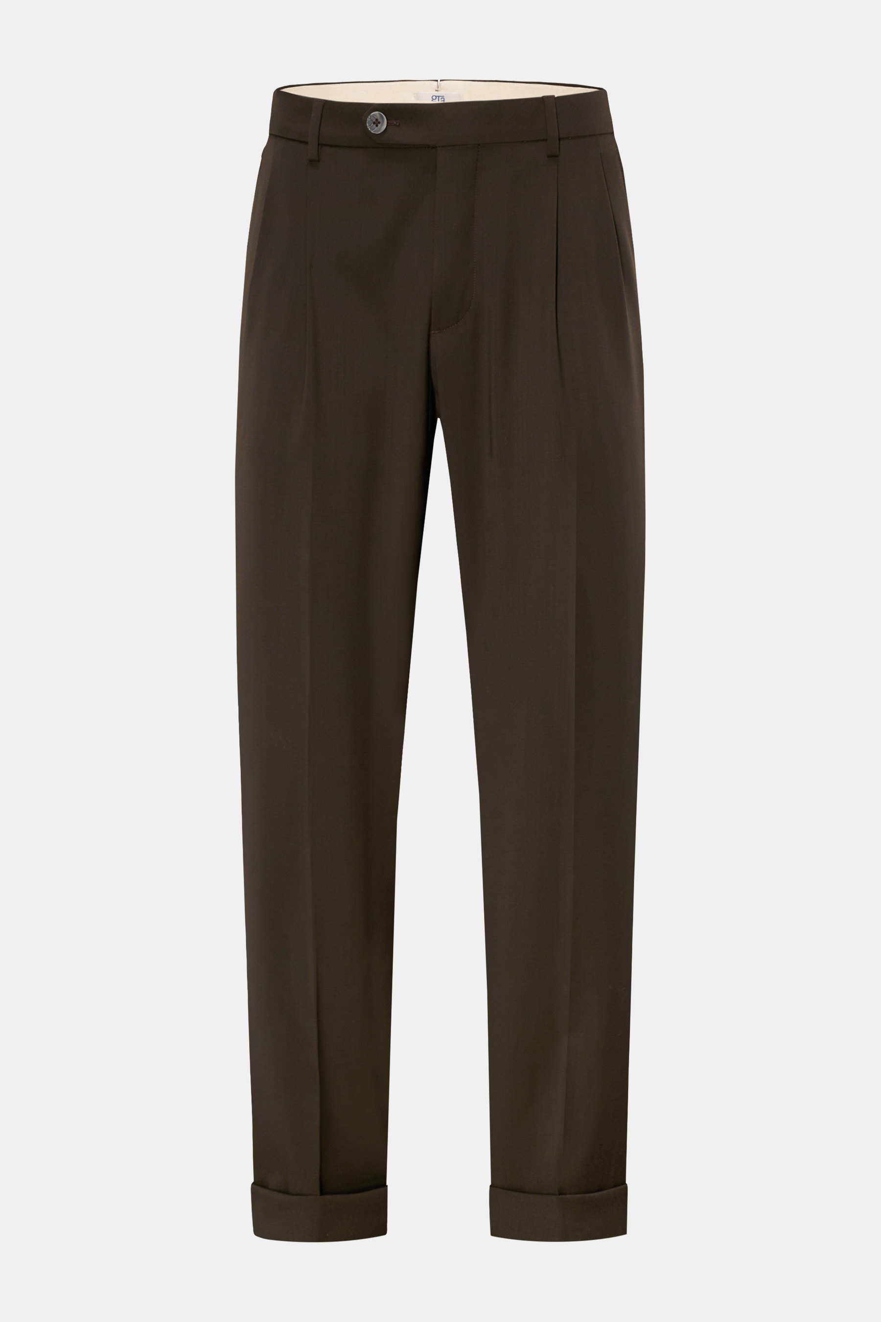 GTA Wollhose 'Luca' dunkelbraun, frontale Nahaufnahme, Cropped-Wollhose aus reiner Schurwolle mit Twill-Struktur, Waist Comfort Band, Tapered Fit, Bundfalten, französischen Taschen, fixiertem Saumaufschlag.