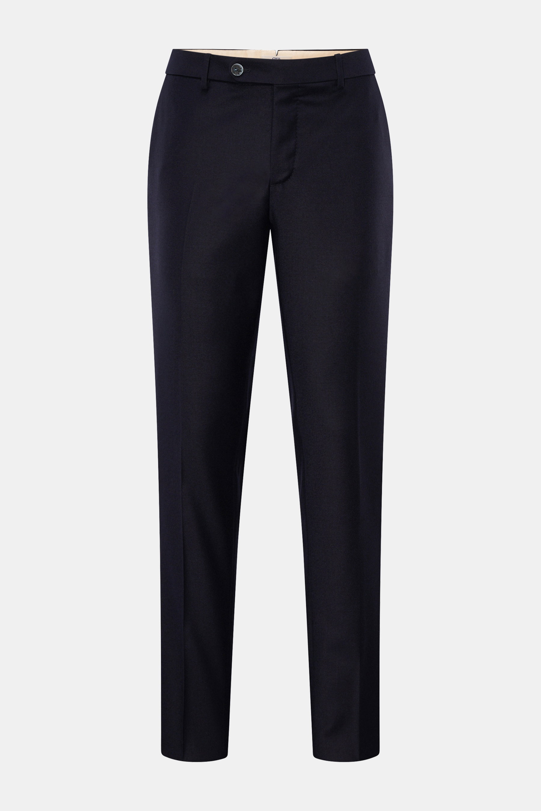 GTA Wollhose "Federico" navy, frontale Ansicht, reine Wolle, Regular Fit, leicht schmal zulaufend, Reißverschluss, Bundknopf, elastischer Bund, französische Taschen, paspelierte Gesäßtaschen mit Knopf, offene Saumlänge, weicher Griff, leicht elastische, l