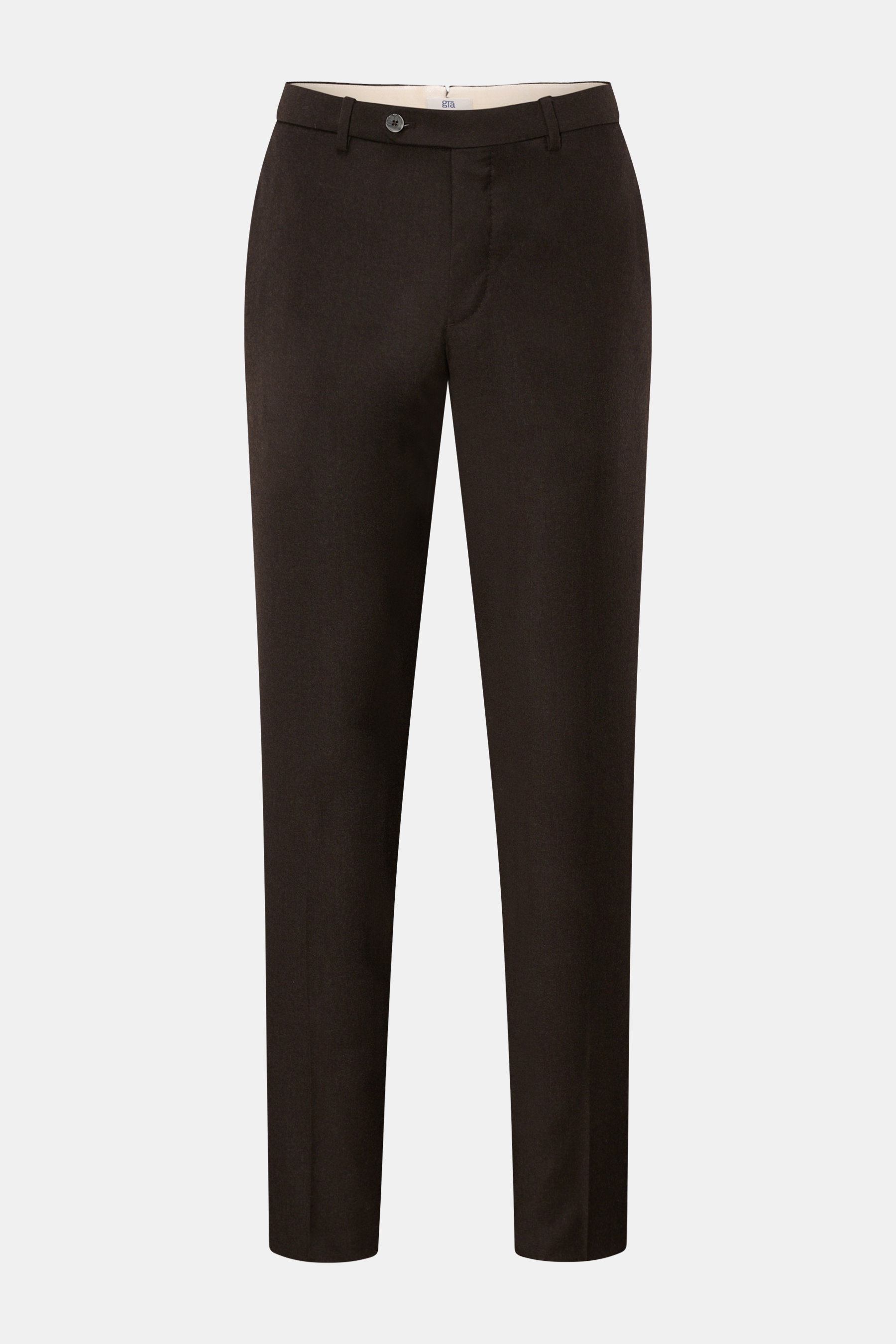 GTA Wollhose 'Federico' dunkelbraun, Frontansicht, reine Wolle, leicht elastisch, weicher Griff, Regular Fit, schmal zulaufend, Reißverschluss, Bundknopf, elastischer Bund, französische Taschen, paspelierte Gesäßtaschen, offene Saumlänge.
