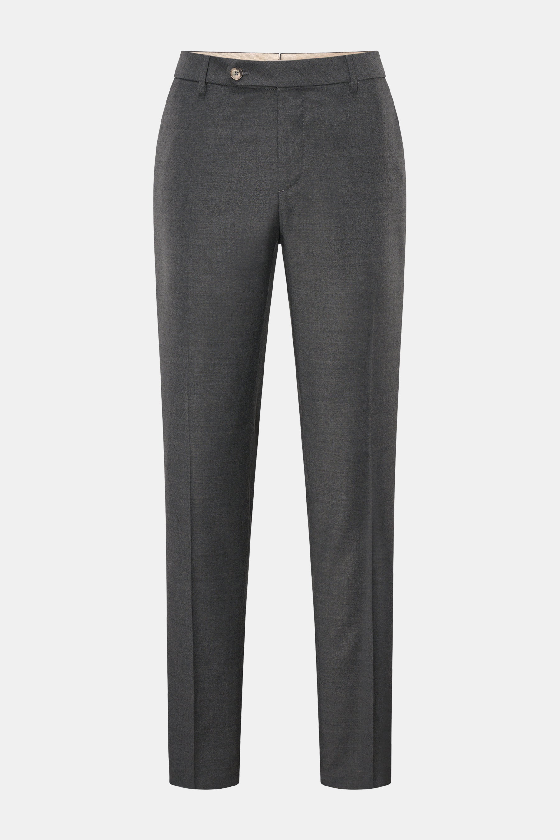 GTA Wollhose 'Federico' grau meliert, Frontansicht, reine Wolle, leicht elastisch, weicher Griff, Regular Fit, schmal zulaufend, Bundknopf, Reißverschluss, elastischer Bund, französische Taschen, paspelierte Gesäßtaschen mit Knopf, offene Saumlänge.