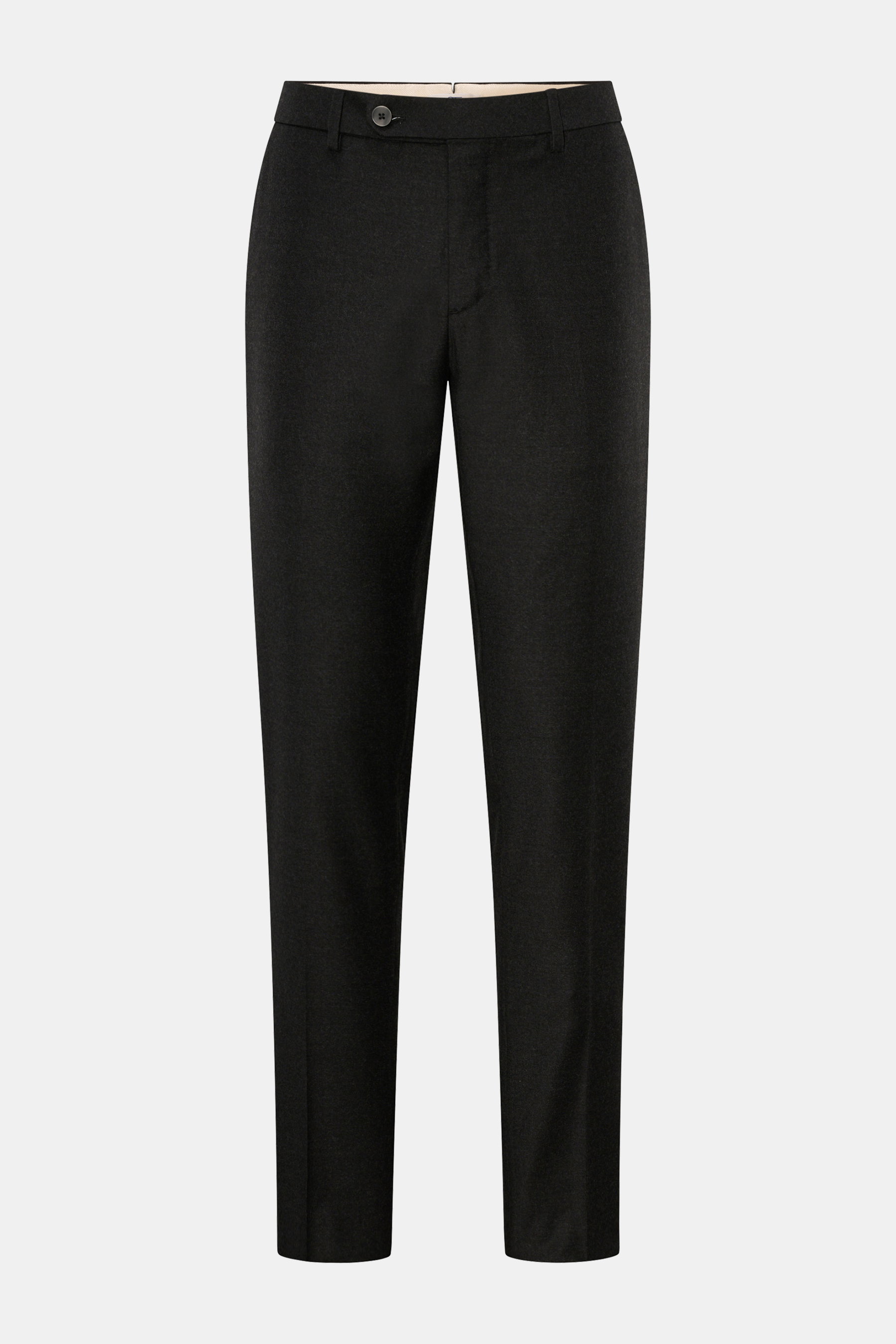 GTA Wollhose 'Federico' anthrazit meliert, frontal fotografiert, reine Wolle, leicht elastische Qualität, weicher Griff, Regular Fit, schmal zulaufend, Reißverschluss, Bundknopf, elastischer Bund, französische Taschen, paspelierte Gesäßtaschen mit Knopf, 