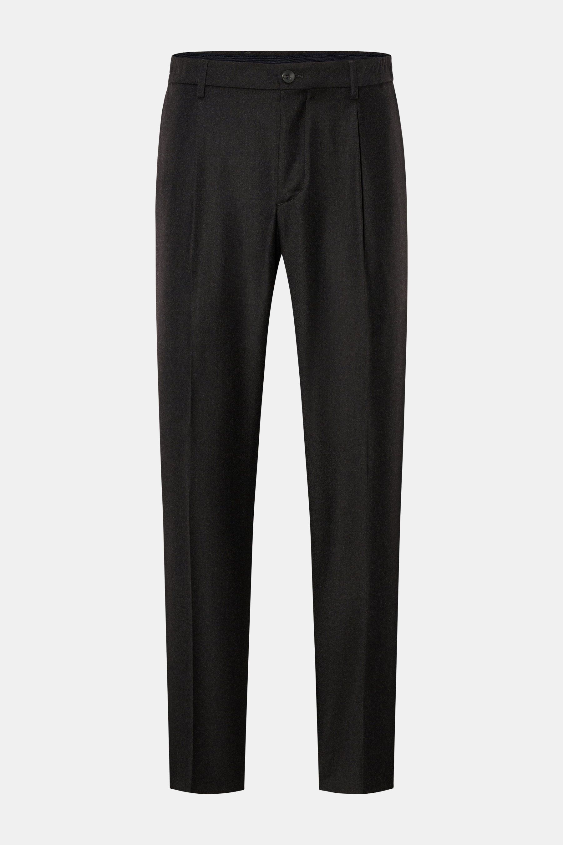GTA Woll-Jogpants 'Dennis' anthrazit, frontale Ansicht, knöchellang, schmal zulaufend, reine Schurwolle, tapered Fit, elastischer Bund, Reißverschluss, Bundknopf, französische Taschen, Gesäßtaschen mit Knopf, fixierter Saumenaufschlag.