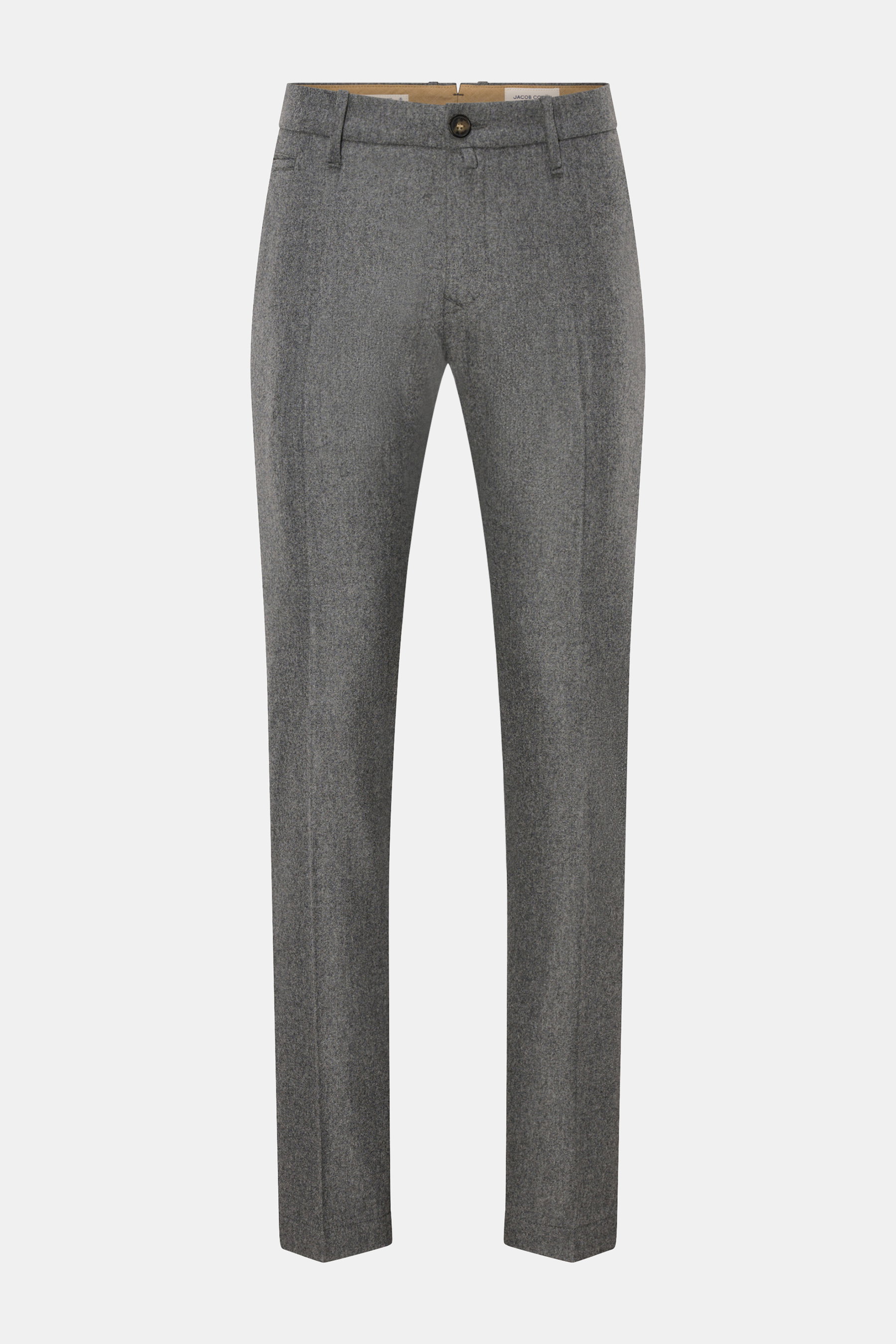 Jacob Cohen Wollhose 'Bobby' grau meliert, Slim Fit, schmal zulaufend, reine Wolle, weicher Griff, französische Taschen, Reißverschluss, Bundknopf, Münztasche, Gesäßtaschen mit Knopf, kleines Verloursleder-Patch, Frontansicht.