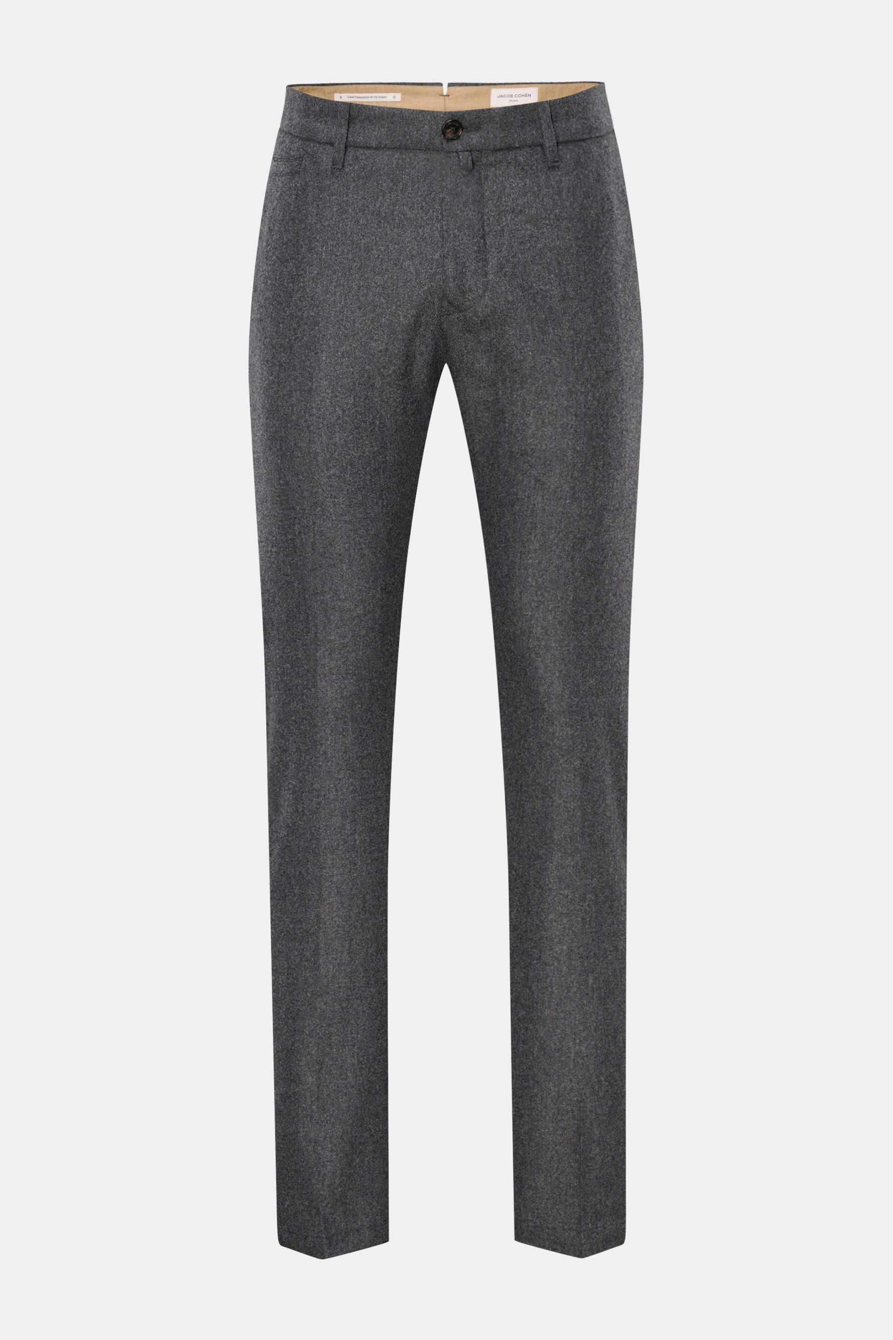Jacob Cohen Wollhose 'Bobby' dunkelgrau meliert, frontal fotografiert, reine Wolle, Slim Fit, schmal zulaufend, leicht elastische Qualität, weicher Griff, Reißverschluss und Bundknopf, französische Taschen, paspelierte Münztasche, Gesäßtaschen mit Knopf, 