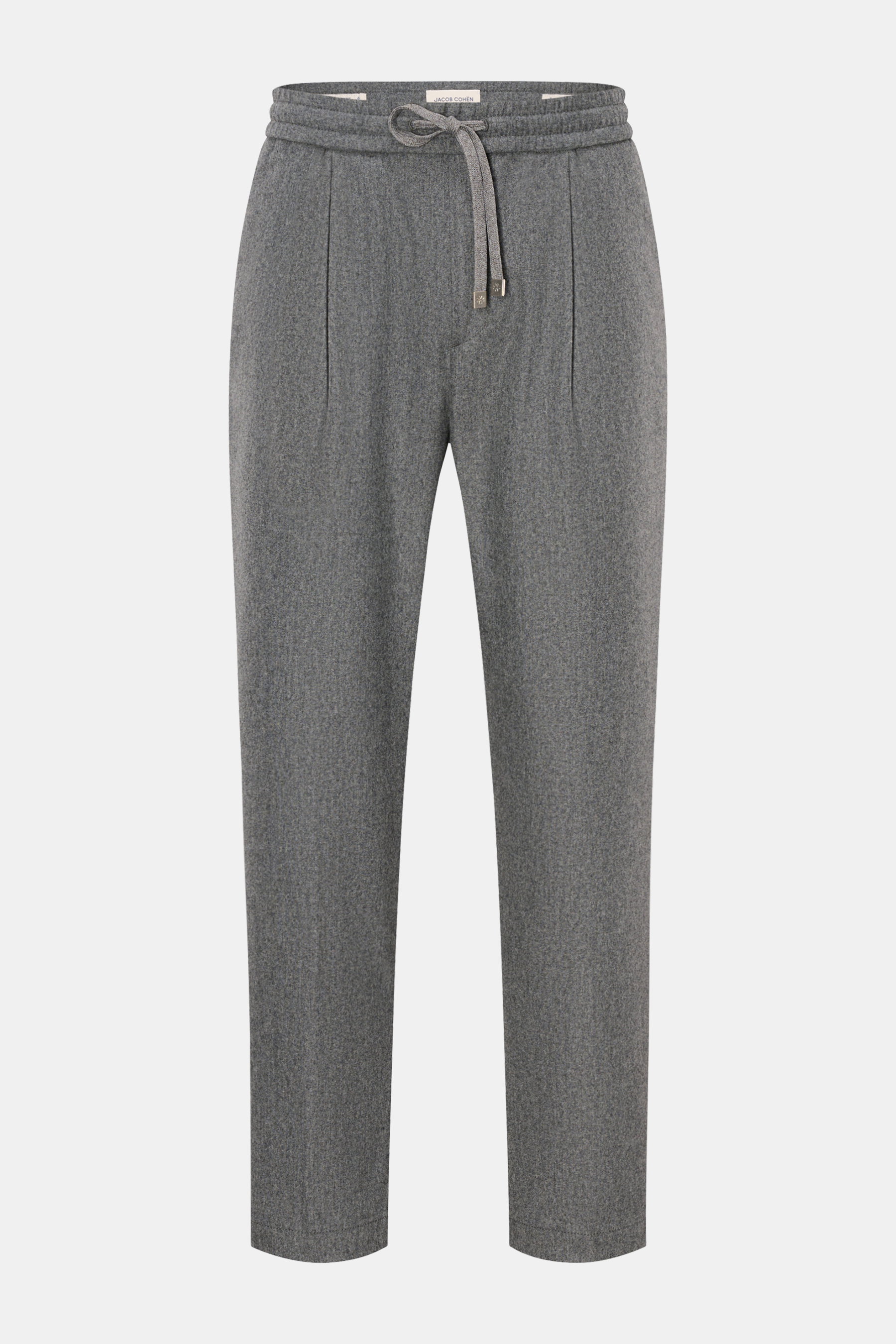 Jacob Cohen Woll-Jogpants 'Daniel' grau meliert, frontale Ansicht, elastische Schurwolle, Tapered Fit, Bund mit Tunnelzug, Taschen seitlich, paspelierte Gesäßtaschen, Verloursleder-Patch.