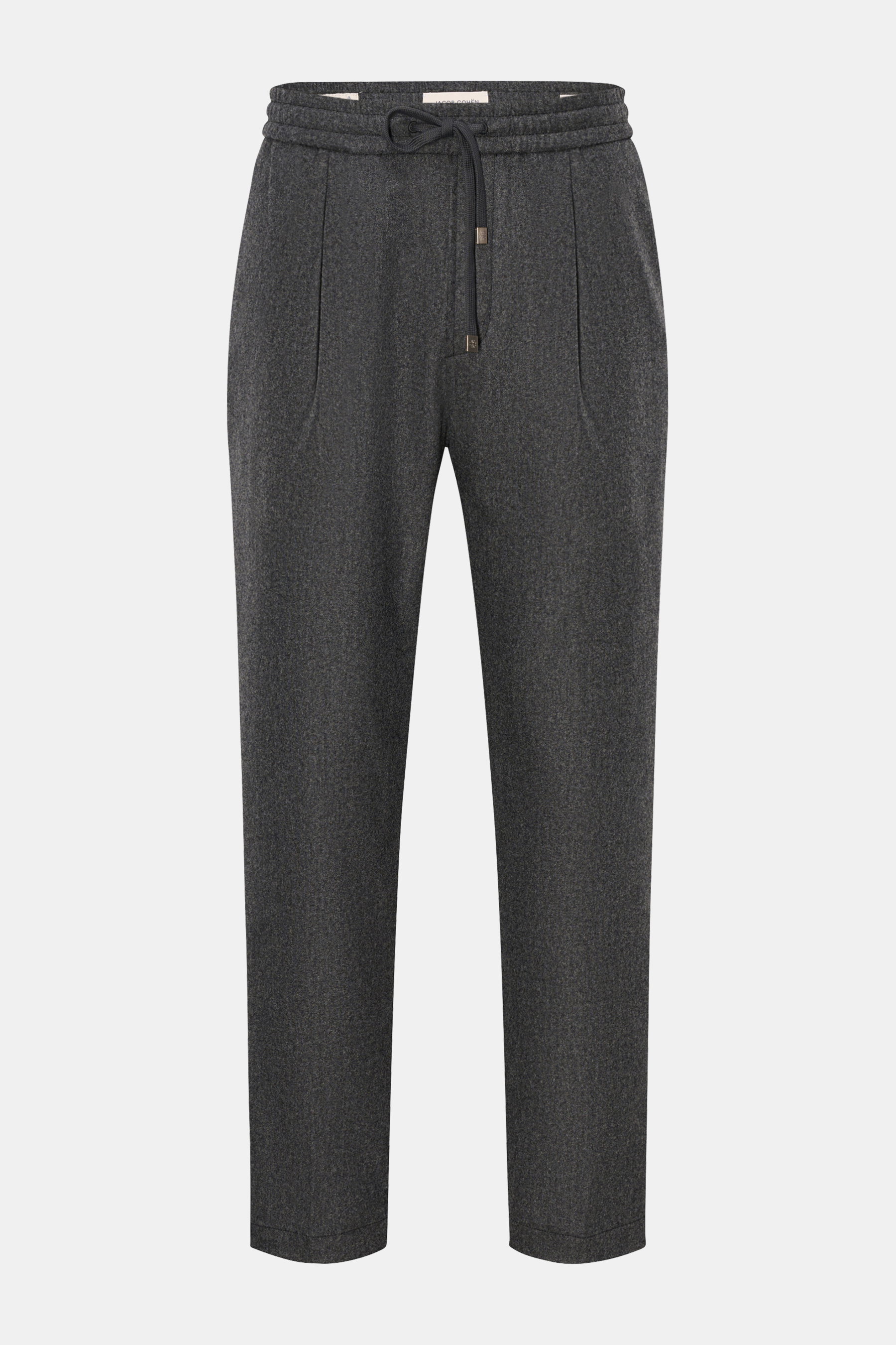 Jacob Cohen Woll-Jogpants 'Daniel' dunkelgrau meliert, Frontansicht, Tapered Fit, elastischer Bund mit Tunnelzug, Schurwolle, Taschen, kurze Länge.