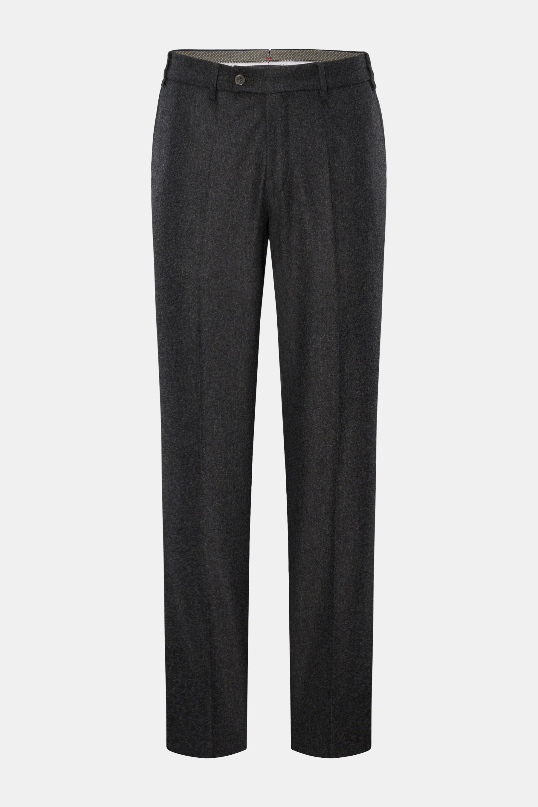 Hiltl Wollhose 'Piacenza' dunkelgrau meliert, frontal fotografiert, Regular Fit mit geradem Schnitt, Reißverschluss, Bundknopf, französischen und Gesäßtaschen.