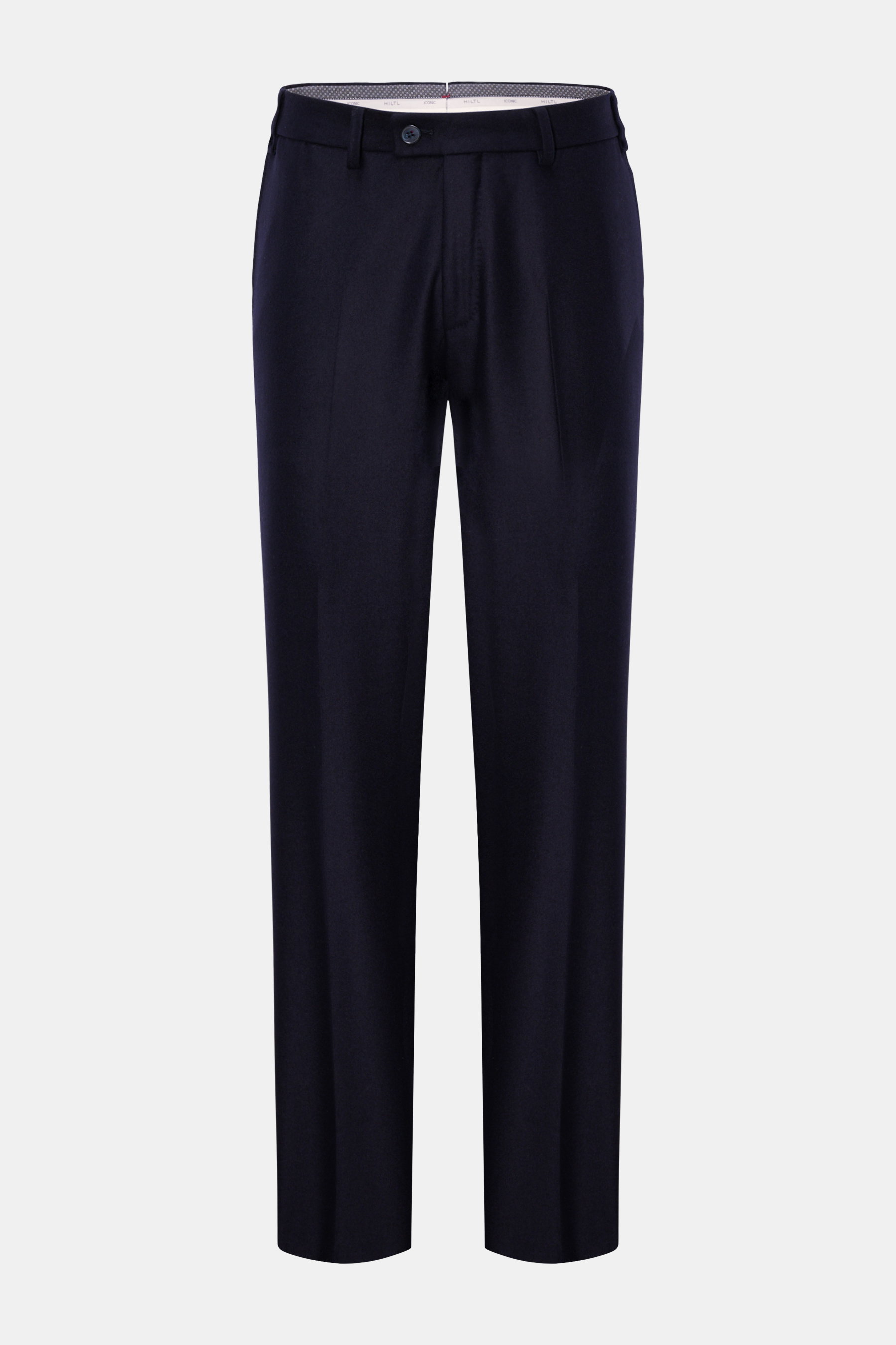 Hiltl Wollhose 'Piacenza' dark navy, frontale Ansicht, Regular Fit, Twill aus reiner Wolle, glatter Griff, Reißverschluss, Bundknopf, französische Taschen, offene Länge.