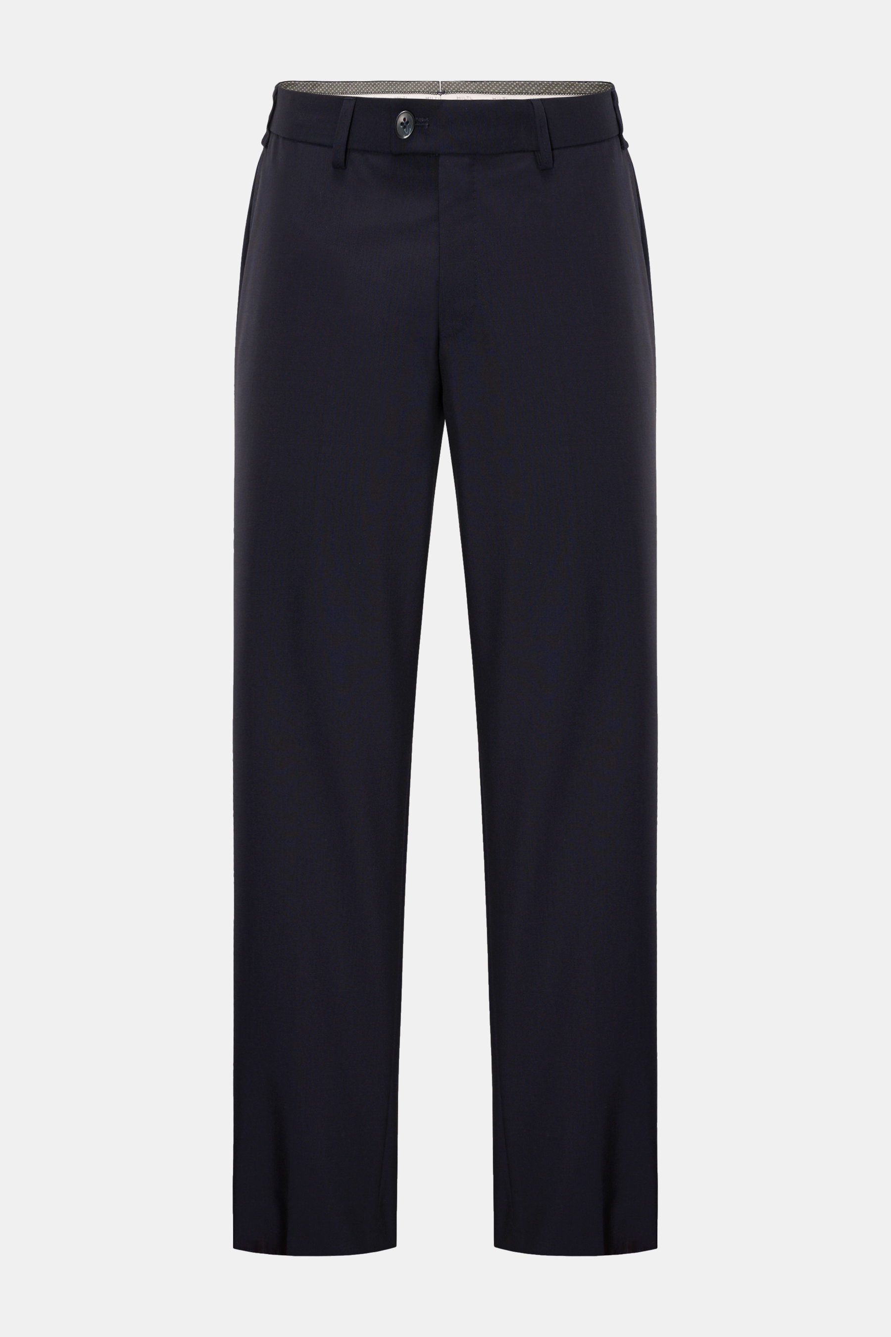 Hiltl Wollhose 'Piacenza' dark navy, frontale Aufnahme, Twill aus reiner Wolle, feine Qualität, glatter Griff, Regular Fit, gerader Schnitt, Reißverschluss, Bundknopf, französische Taschen, Gesäßtaschen mit Knopf, offene Länge.