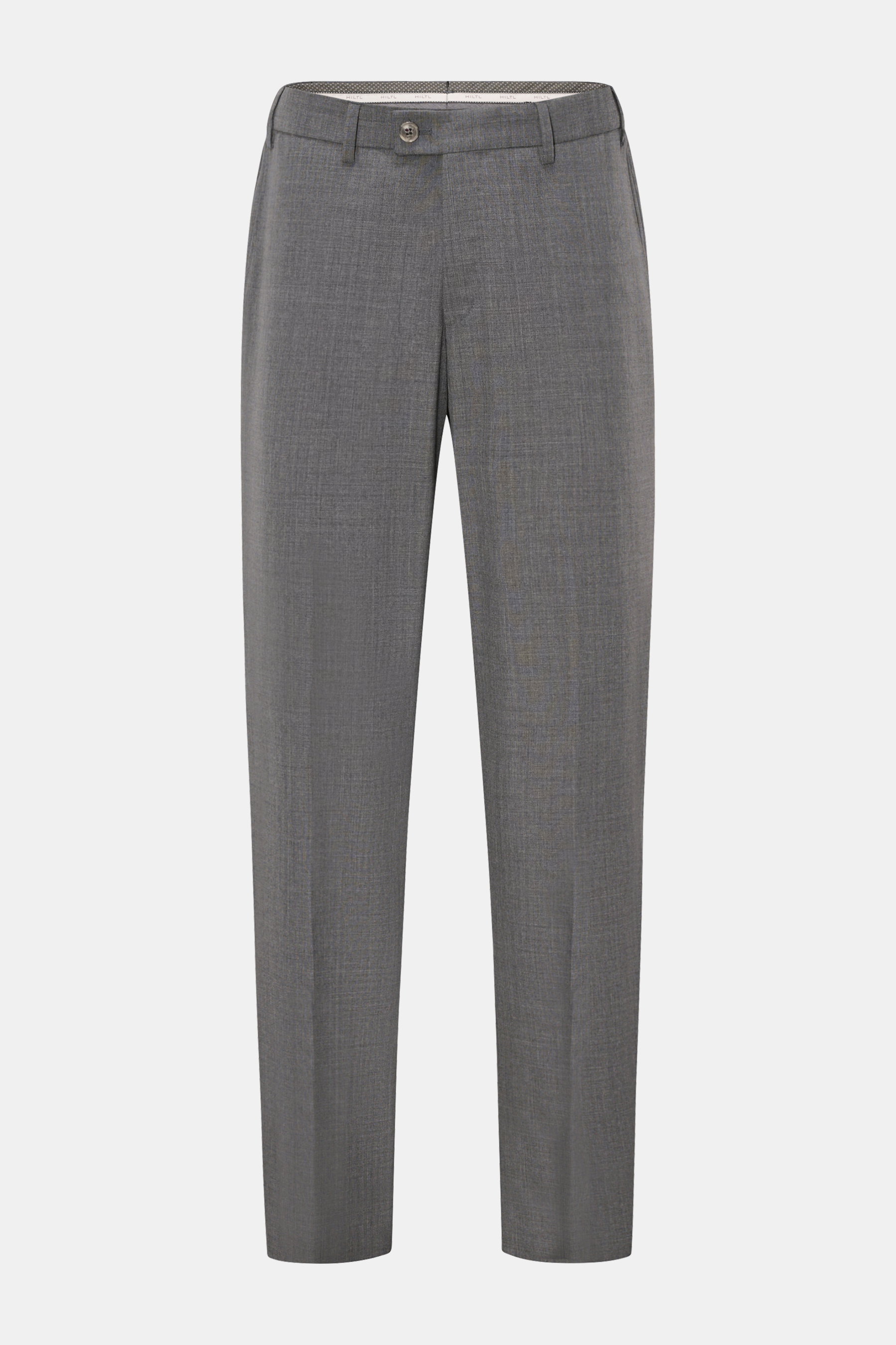 Hiltl Wollhose 'Piacenza' dunkelgrau meliert, frontale Ansicht, reine feinste Wolle, feiner Twill, glatter Griff, Regular Fit, gerader Schnitt, Reißverschluss mit Bundknopf, französische Taschen, Gesäßtaschen mit Knopf, offene Länge.