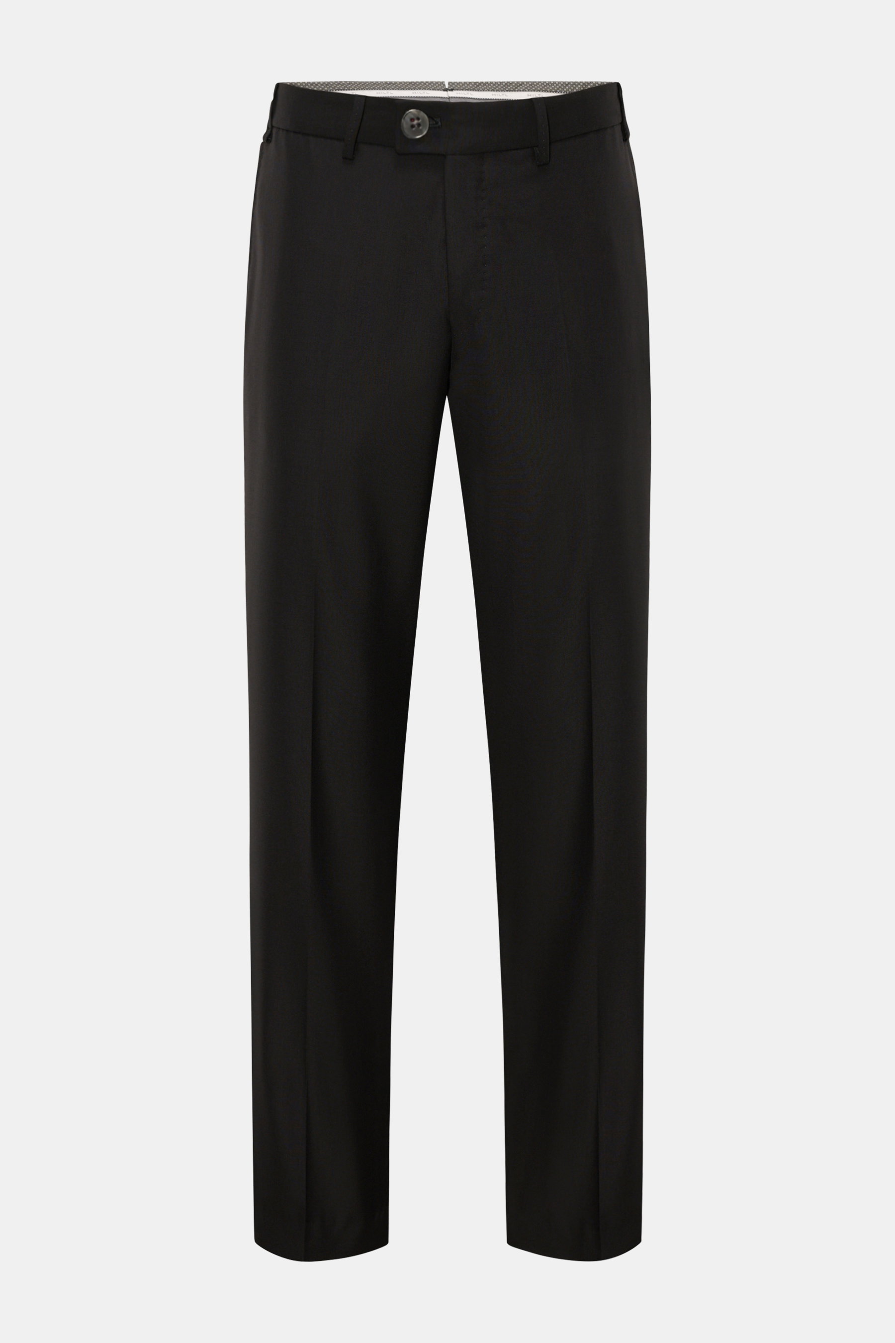 Hiltl Wollhose 'Piacenza' schwarz, Frontansicht, Twill aus reiner Wolle, feine Qualität, glatter Griff, Regular Fit, gerader Schnitt, Reißverschluss, Bundknopf, französische Taschen, Gesäßtaschen mit Knopf, offene Länge.