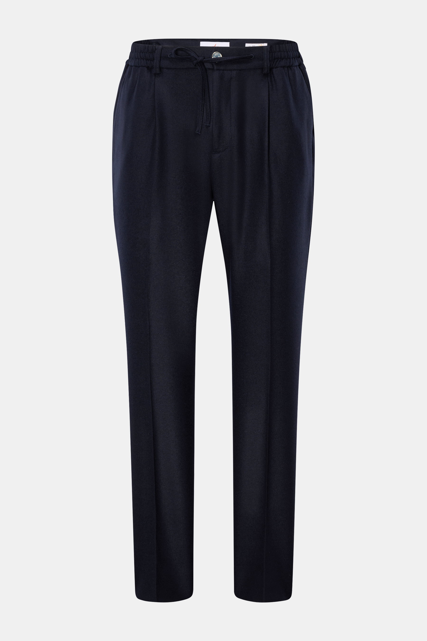 Ace Denim Woll-Jogpants navy, frontale Ansicht, Twill aus Schurwolle, leicht elastisch, weicher Griff, Regular Fit, schmal zulaufend, Bund mit Tunnelzug, Reißverschluss, Knöpfe, französische Taschen, Leistentaschen.